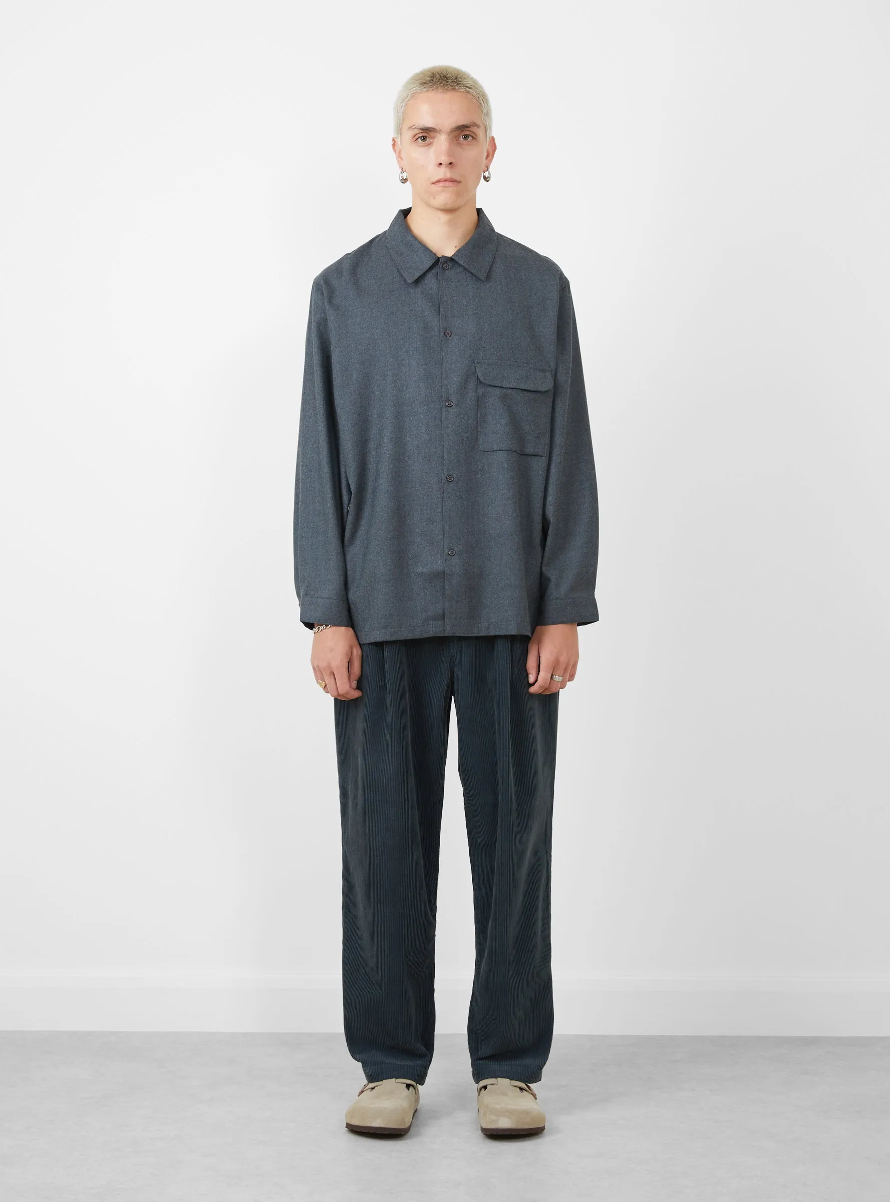 Flat Bottom Wool Shirt Blue Charcoal
