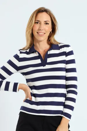 Half Placket Collared Stripe Rugby Top - Navy/White
