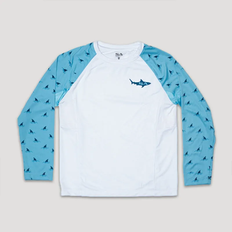 Kids Performance Long Sleeve Shirt w/ Mesh | White | 2-sleeve Baby Shark