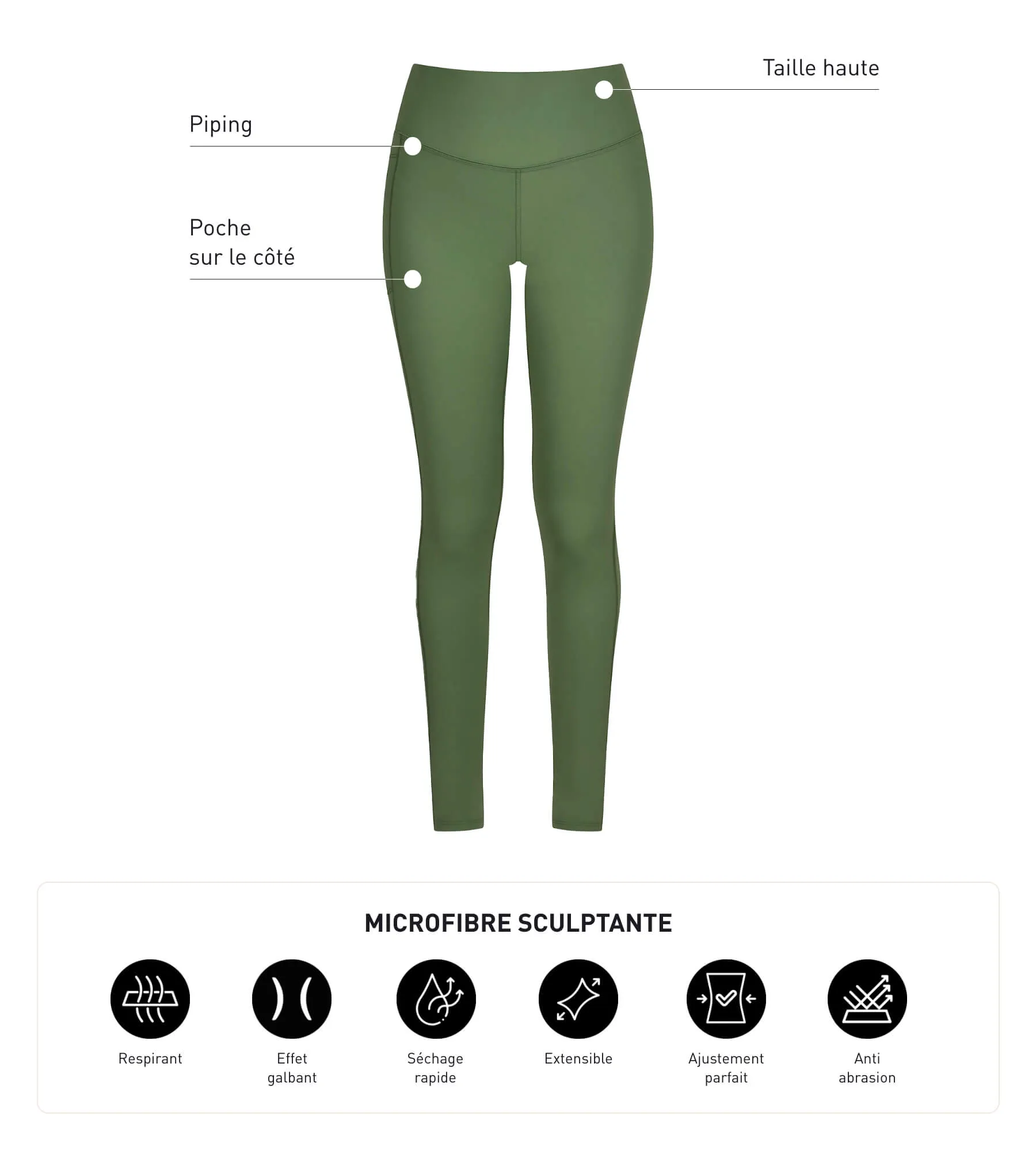 Legging de sport femme en microfibre sculptante Kaki Dim Move