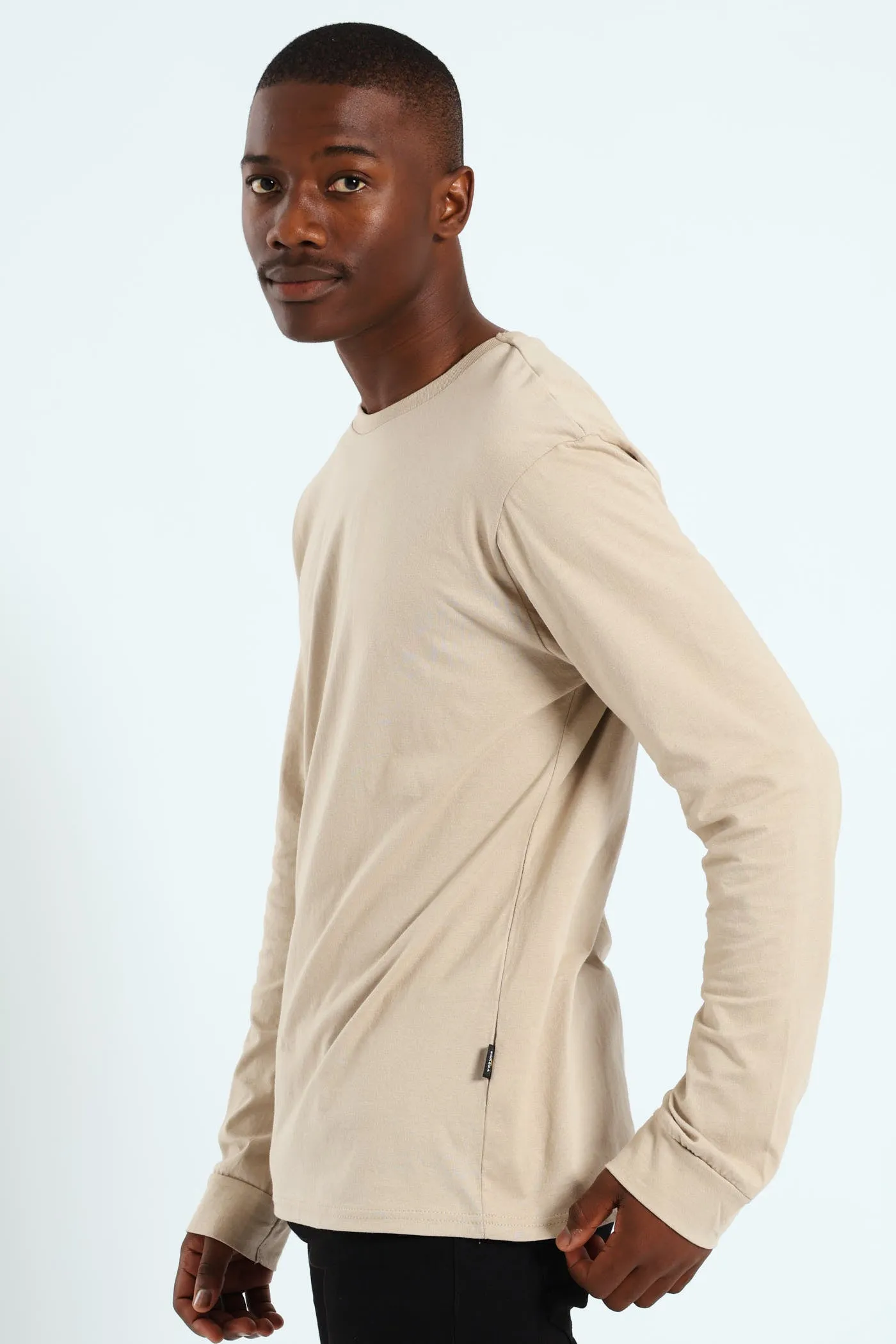 Long Sleeve Basic Crew Cuff Tee - Stone