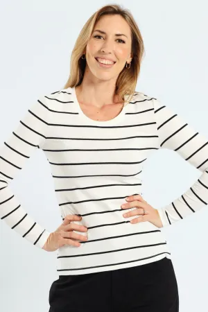 Long Sleeve Cotton Lycra Striped Crew Top - Black/White