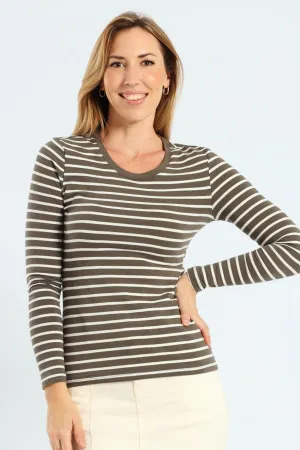 Long Sleeve Cotton Lycra Striped Crew Top - Dark Fatigue/Cream