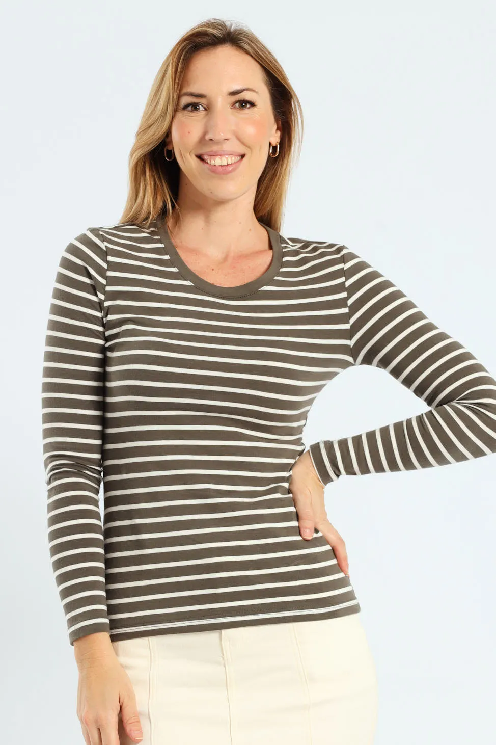 Long Sleeve Cotton Lycra Striped Crew Top - Dark Fatigue/Cream