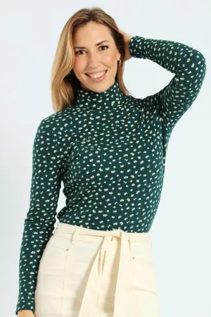 Long Sleeve Print Rib Poloneck - Bottle Green
