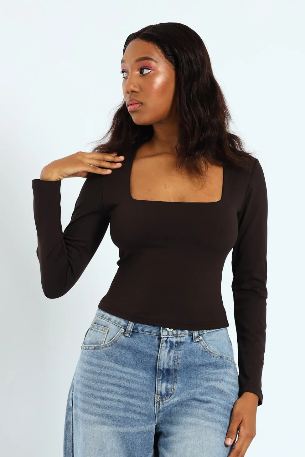 Long Sleeve Skin Tight Square Neck Top - Black