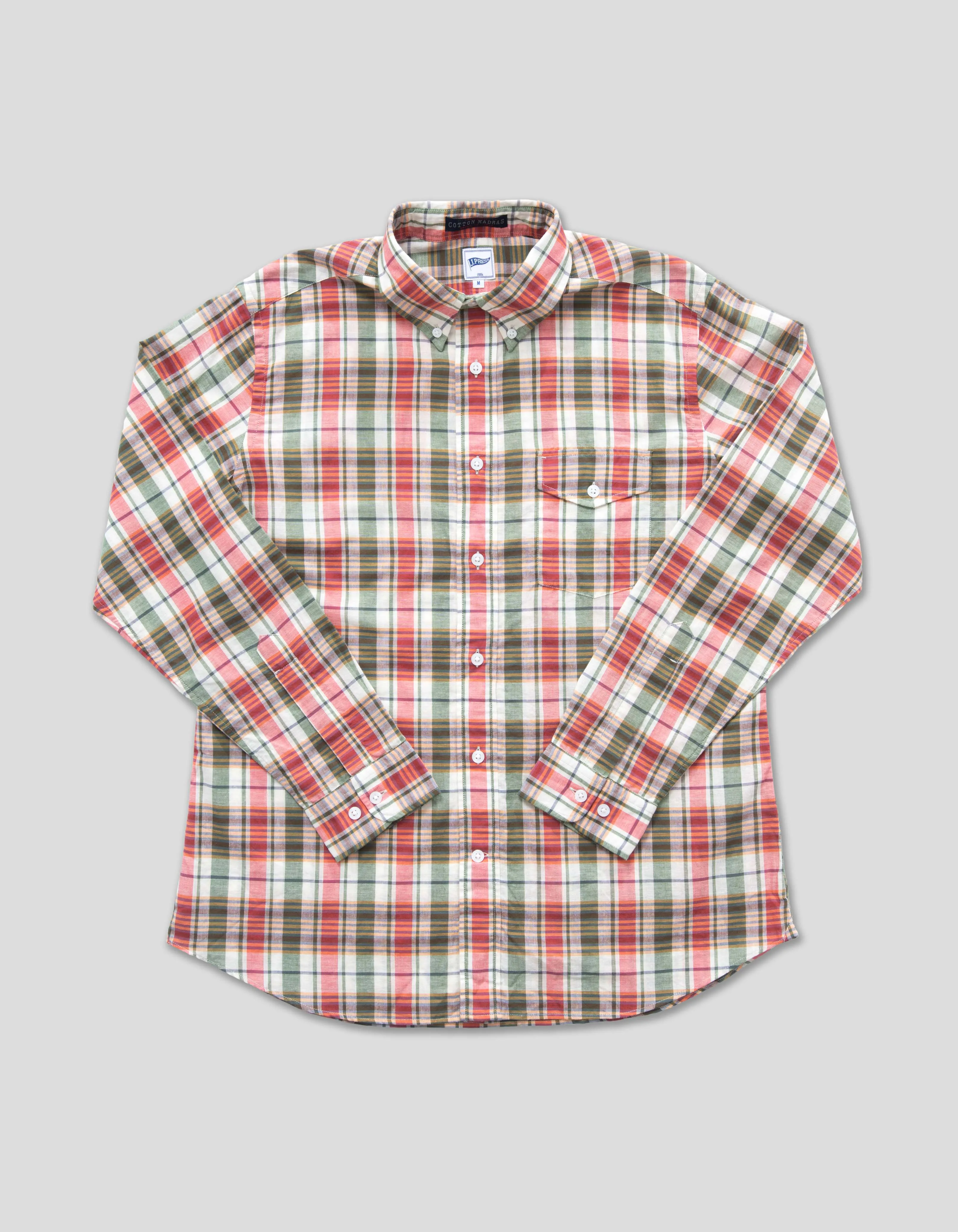 MADRAS LONG SLEEVE SHIRT - OLIVE/RED/WHITE