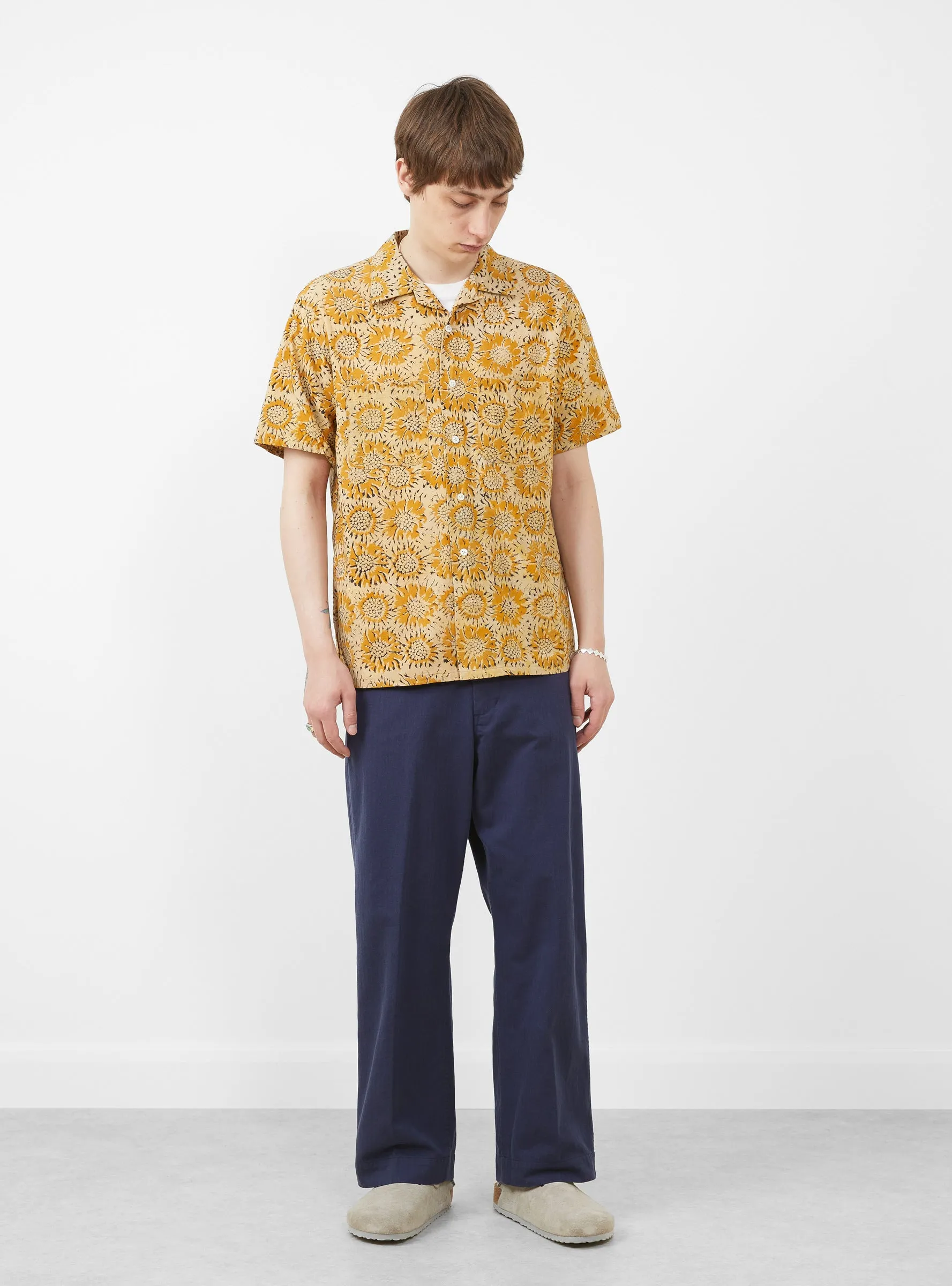 Open Collar Block Print Shirt Sun Flower