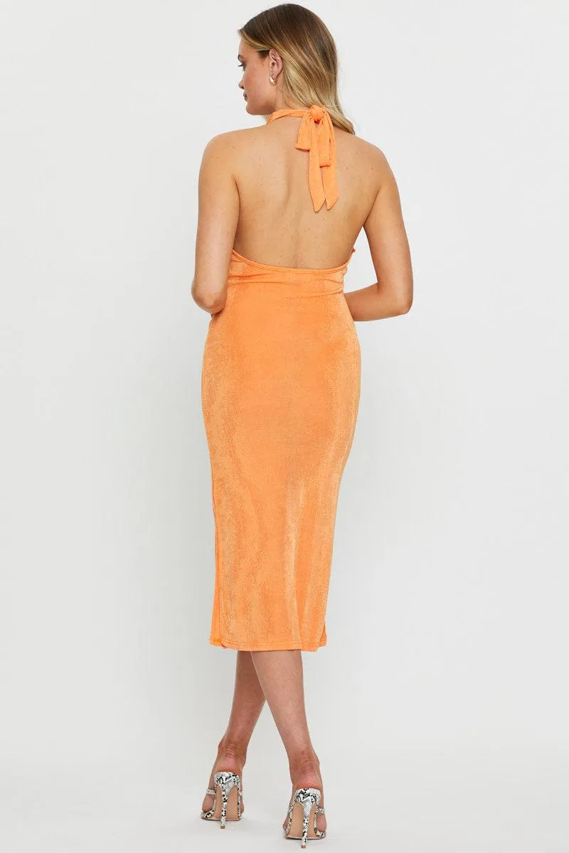 Orange Midi Dress Halter Neck