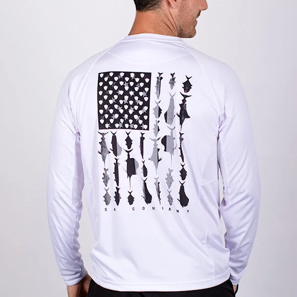 Performance Long Sleeve Shirt | White | Blackout Flag Fins Stripes XL ONLY AVAILABLE SIZE