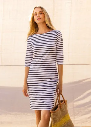 PROPRIANO - Form-Fitting Nautical Stripe Dress | Anti-UV Stretch Fabric (WHITE / NAVY)