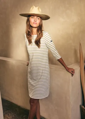 PROPRIANO - Form-Fitting Nautical Stripe Dress | Anti-UV Stretch Fabric (WHITE / SOFT ALMOND)