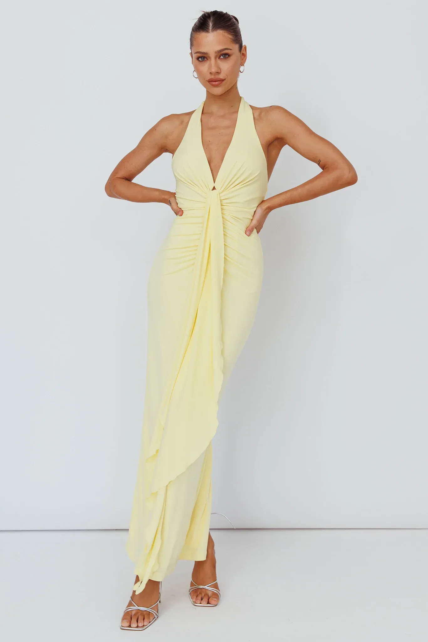 Ray Of Light Ruched Halterneck Maxi Dress Lemon