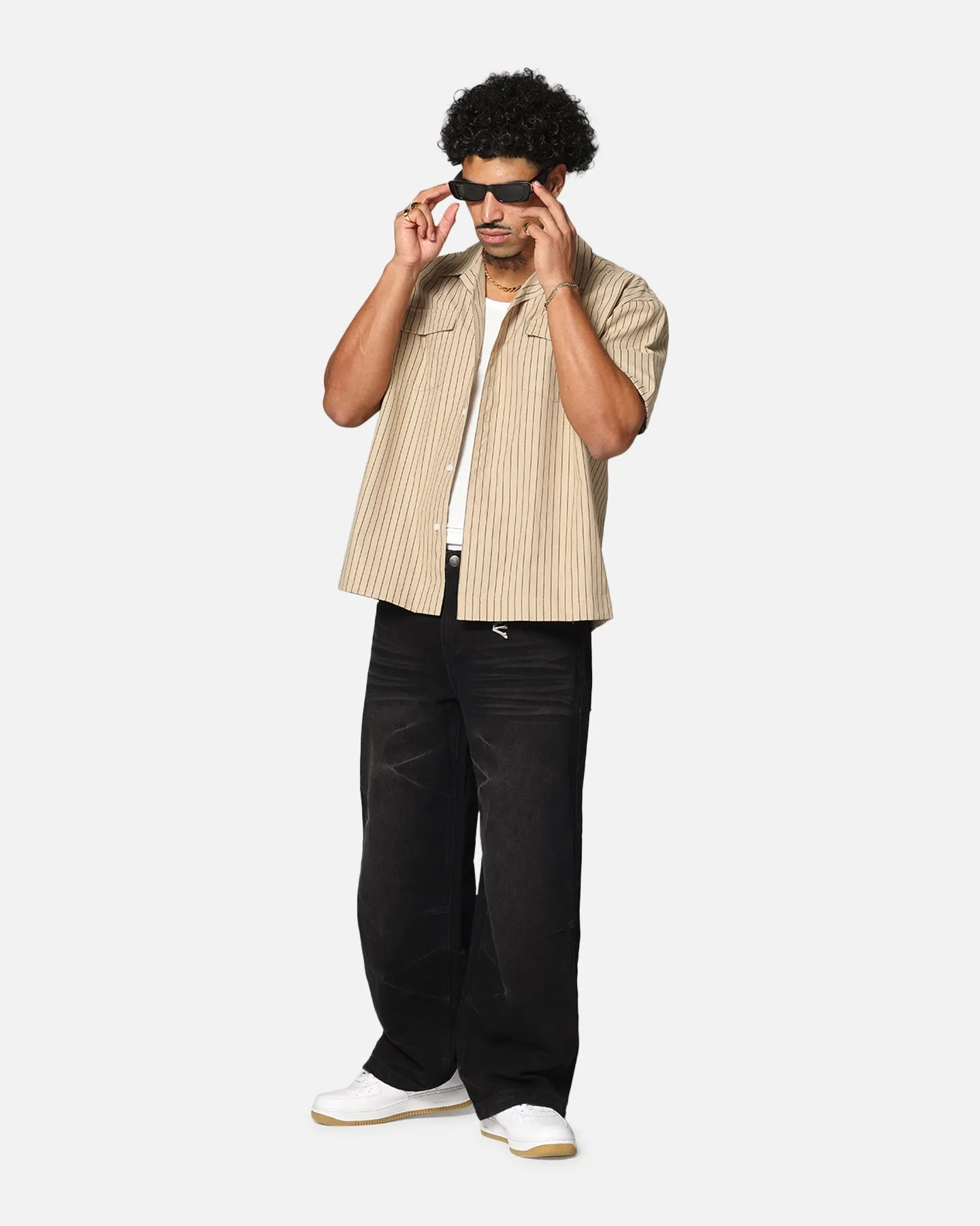 Saint Morta Gothic Pinstripe Button Up Shirt Tan