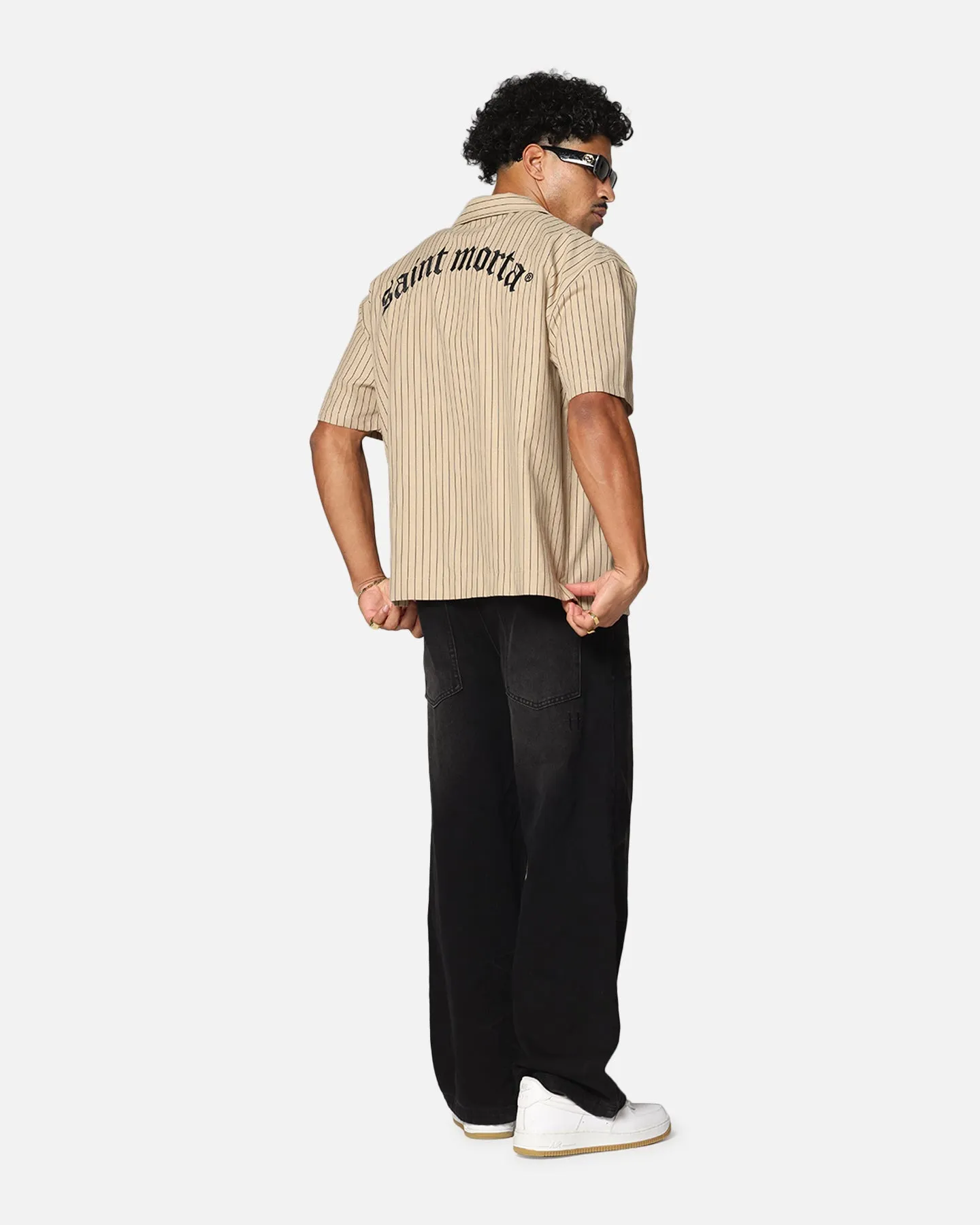 Saint Morta Gothic Pinstripe Button Up Shirt Tan