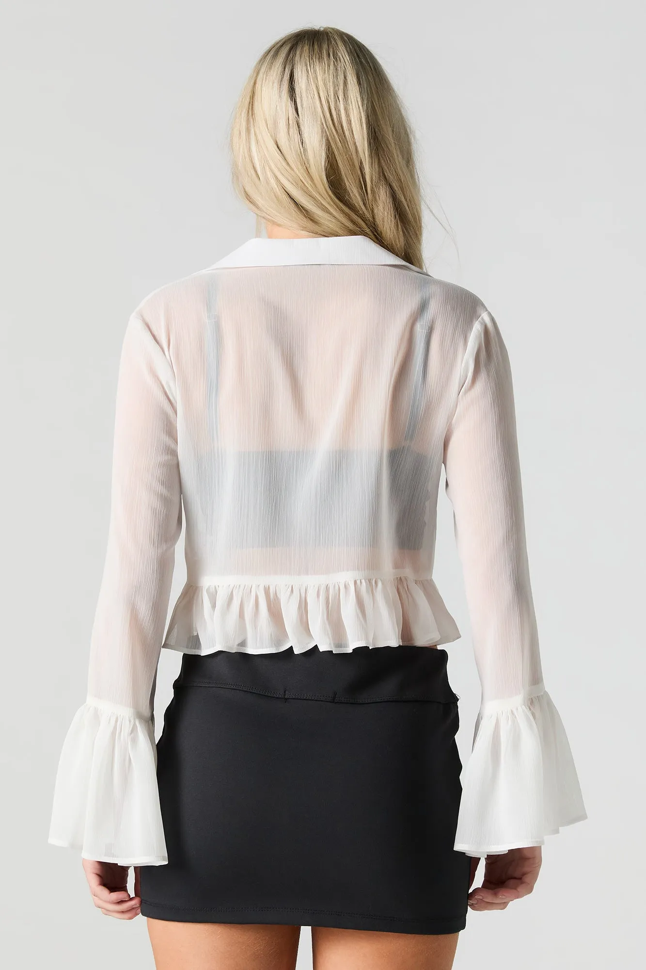 Semi Sheer Tie Front Long Sleeve Top