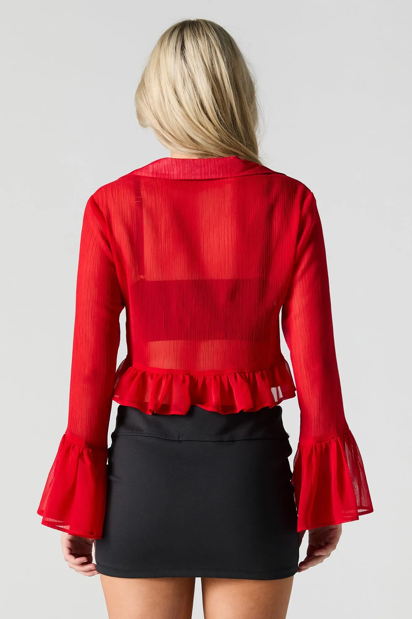 Semi Sheer Tie Front Long Sleeve Top