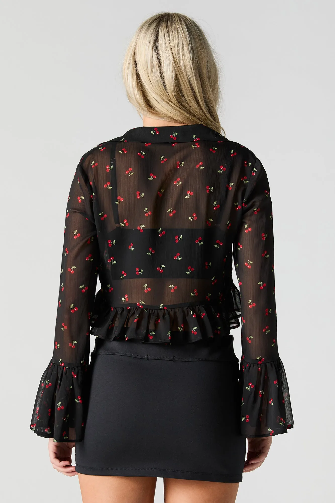 Semi Sheer Tie Front Long Sleeve Top