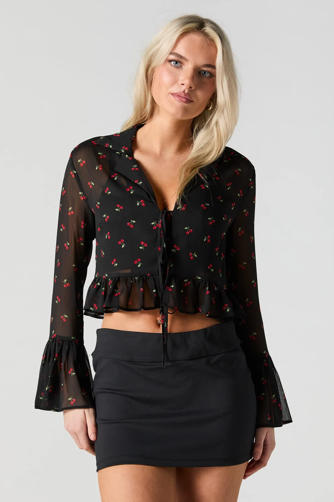 Semi Sheer Tie Front Long Sleeve Top