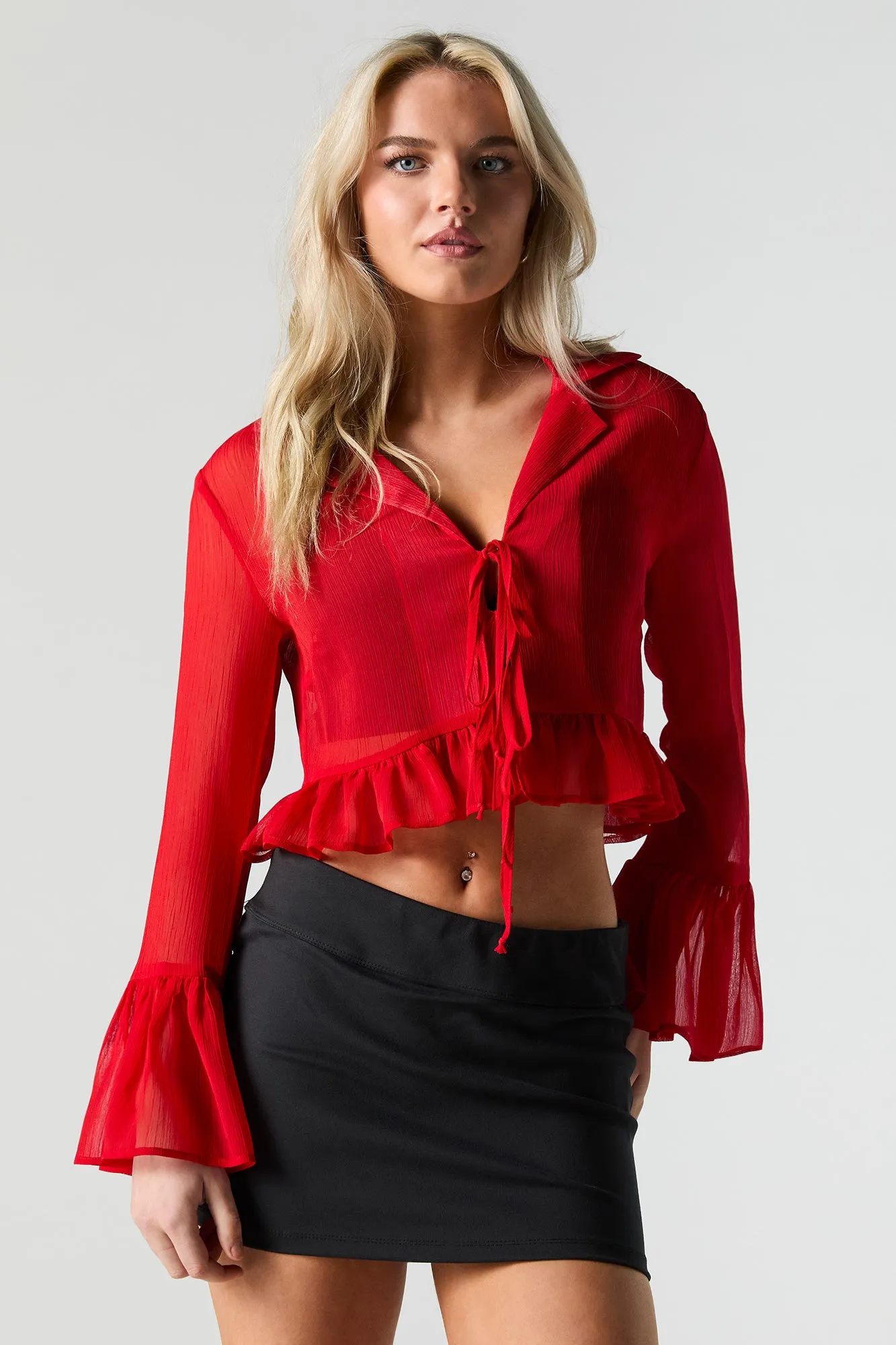 Semi Sheer Tie Front Long Sleeve Top