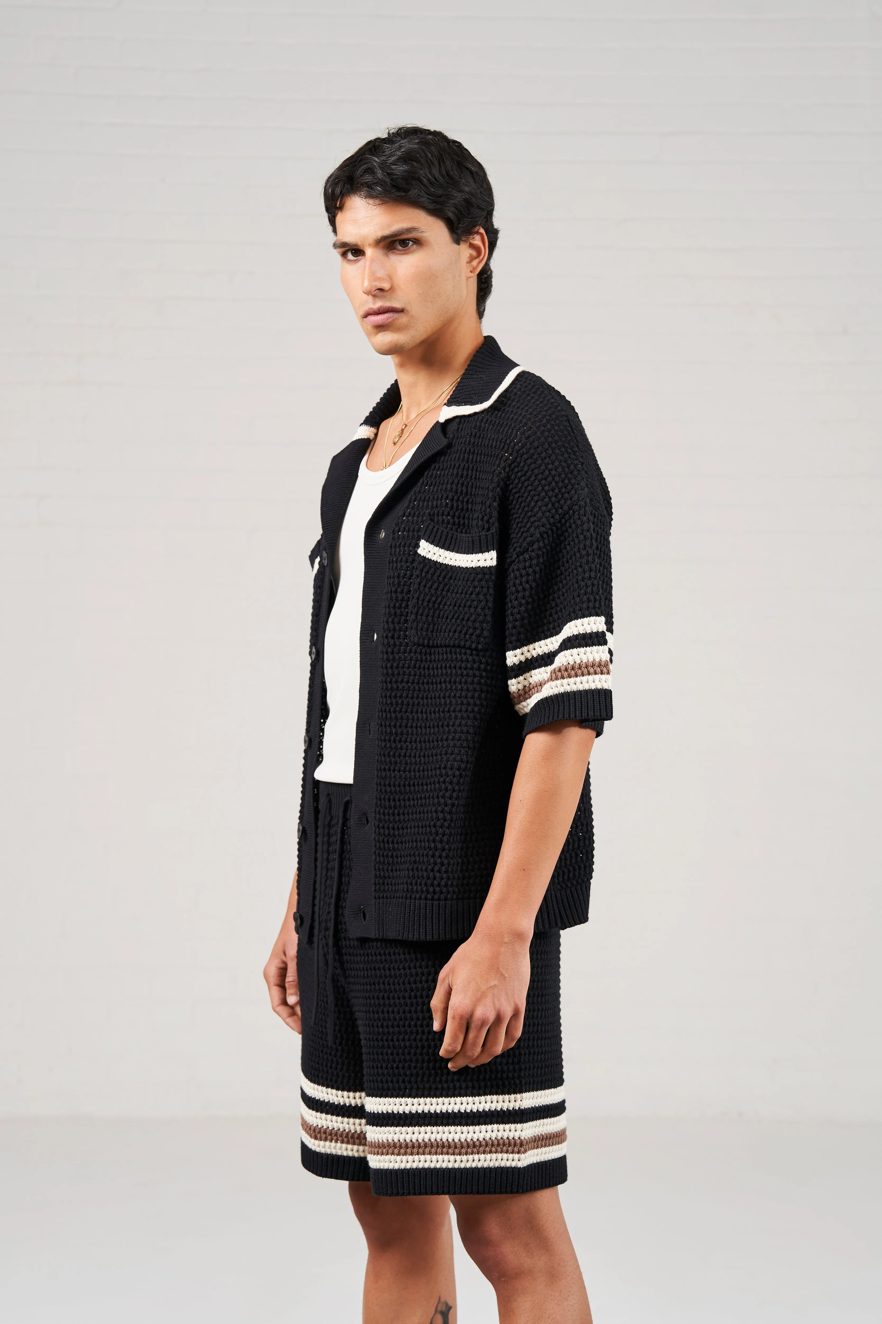 STRIPE TRIM CROCHET KNITTED SHIRT - BLACK