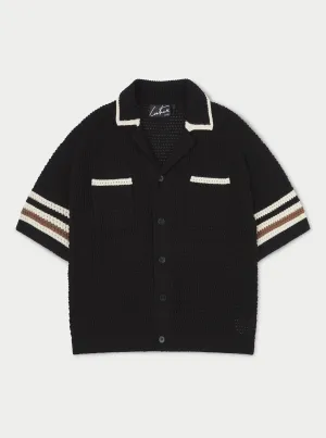 STRIPE TRIM CROCHET KNITTED SHIRT - BLACK
