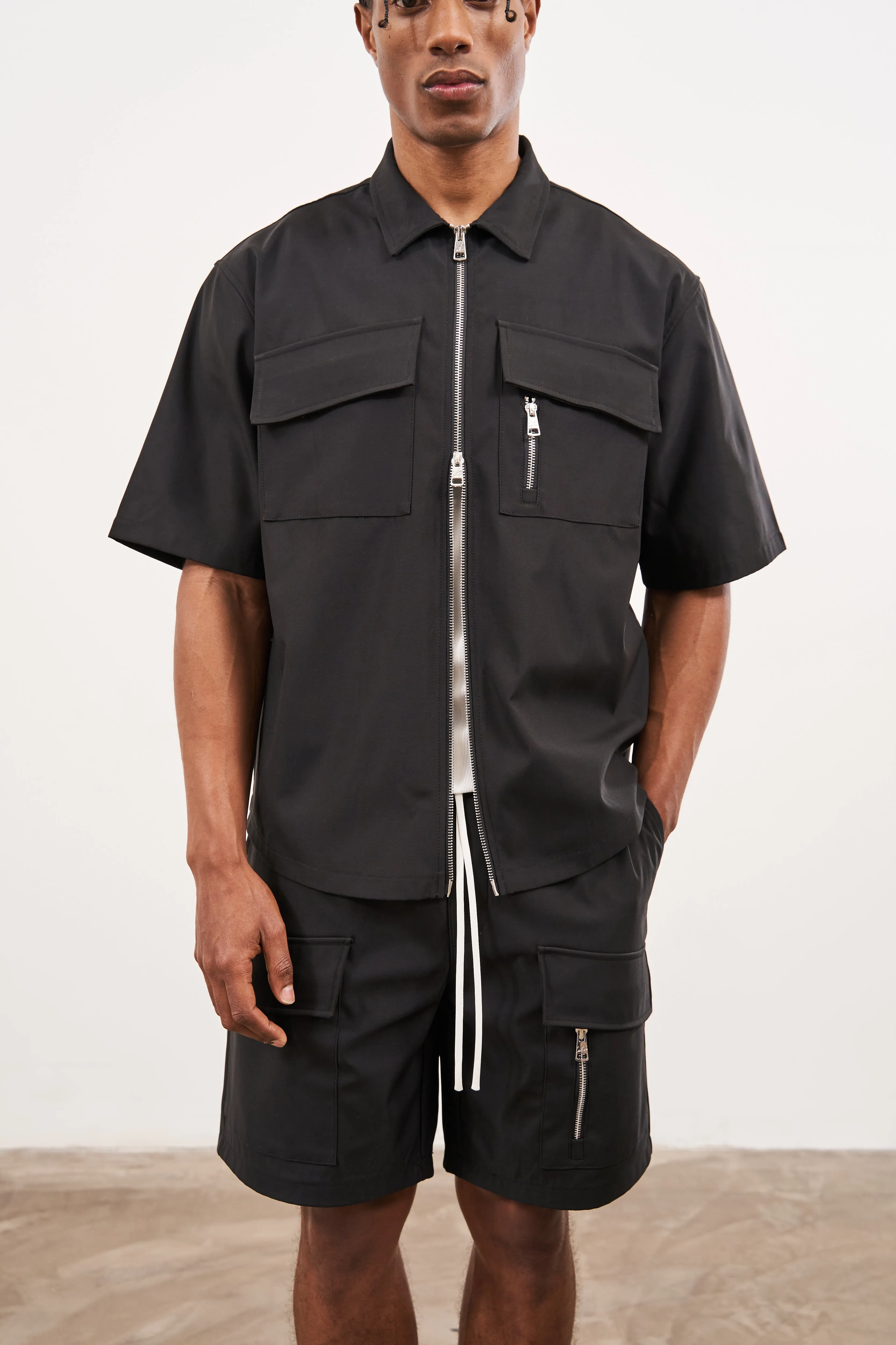 TECHNICAL HEAVYWEIGHT ZIP OVERSHIRT - BLACK