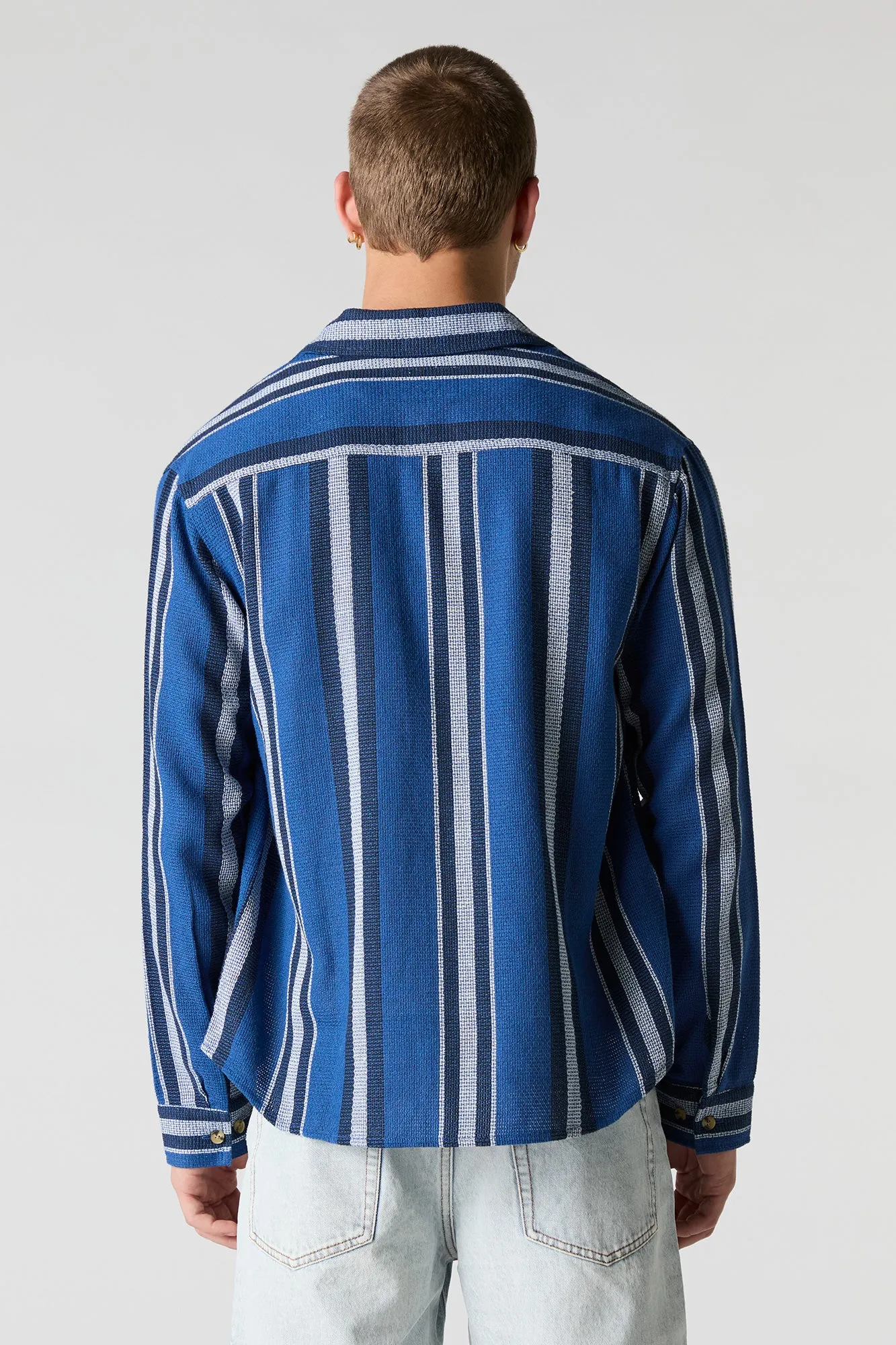 Textured Striped Collared Button-Up Top