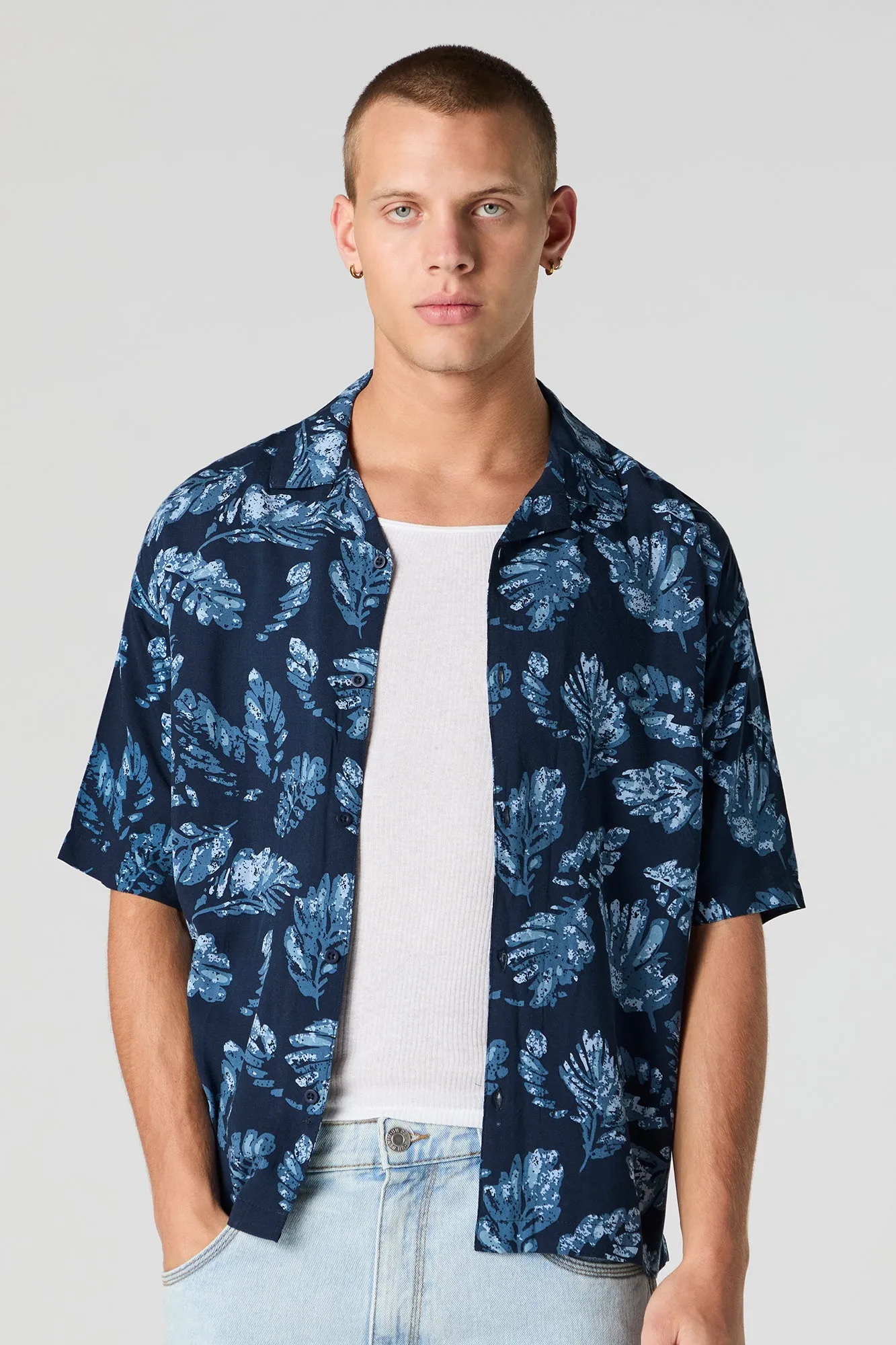Tropical Print Short Sleeve Button-Up Top