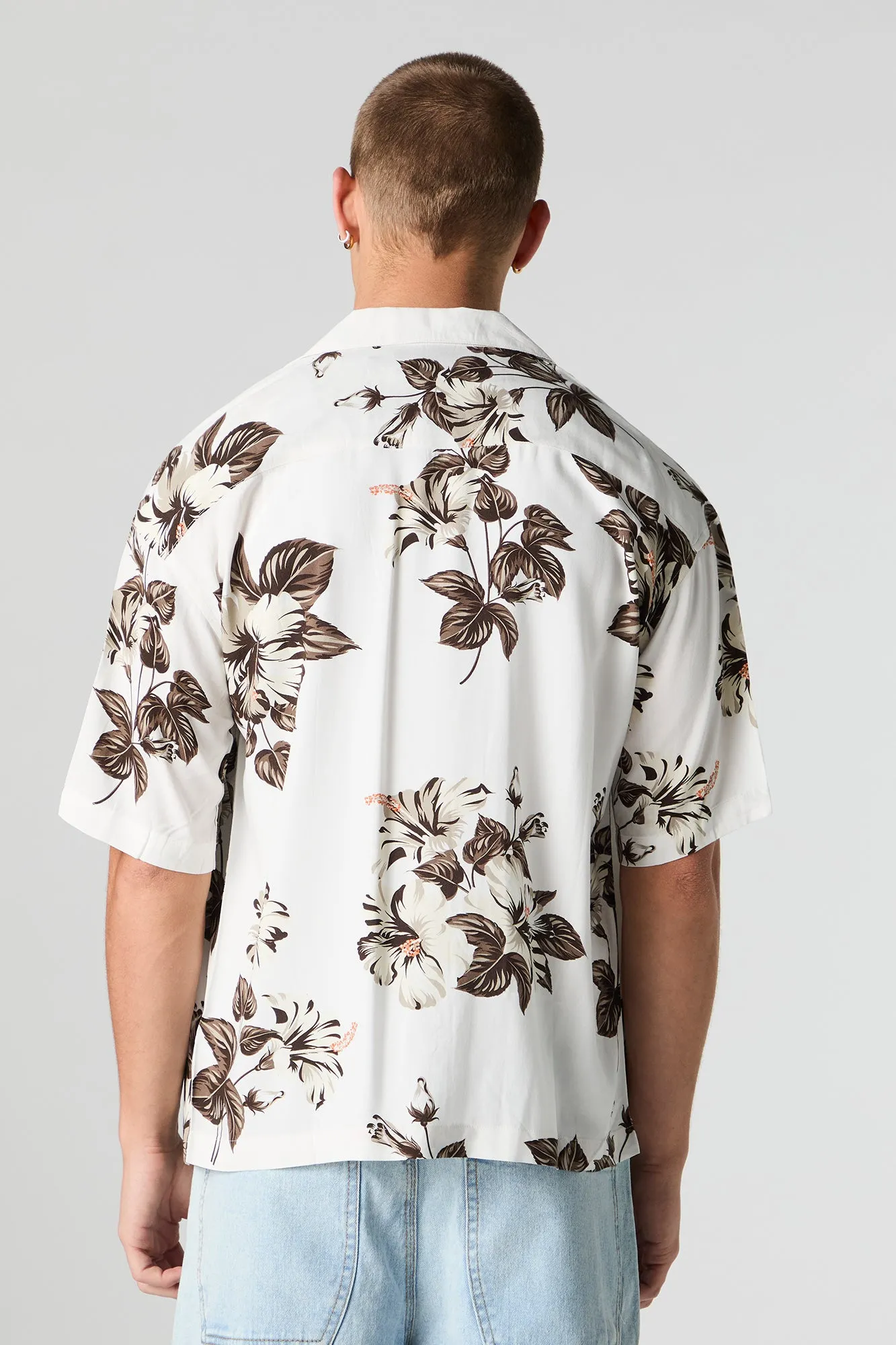 Tropical Print Short Sleeve Button-Up Top
