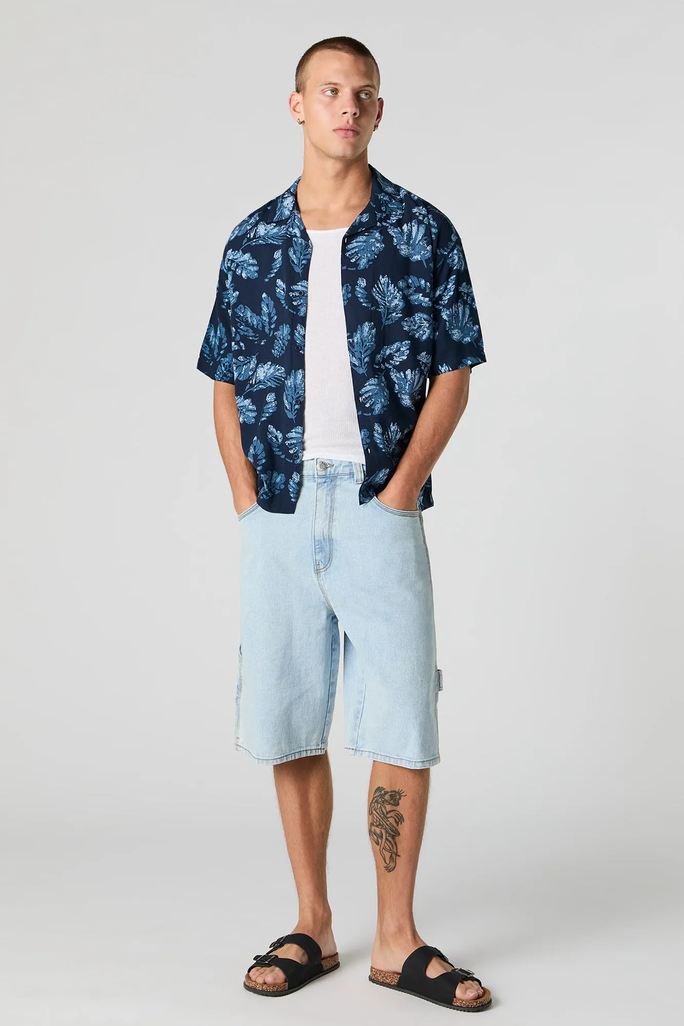 Tropical Print Short Sleeve Button-Up Top