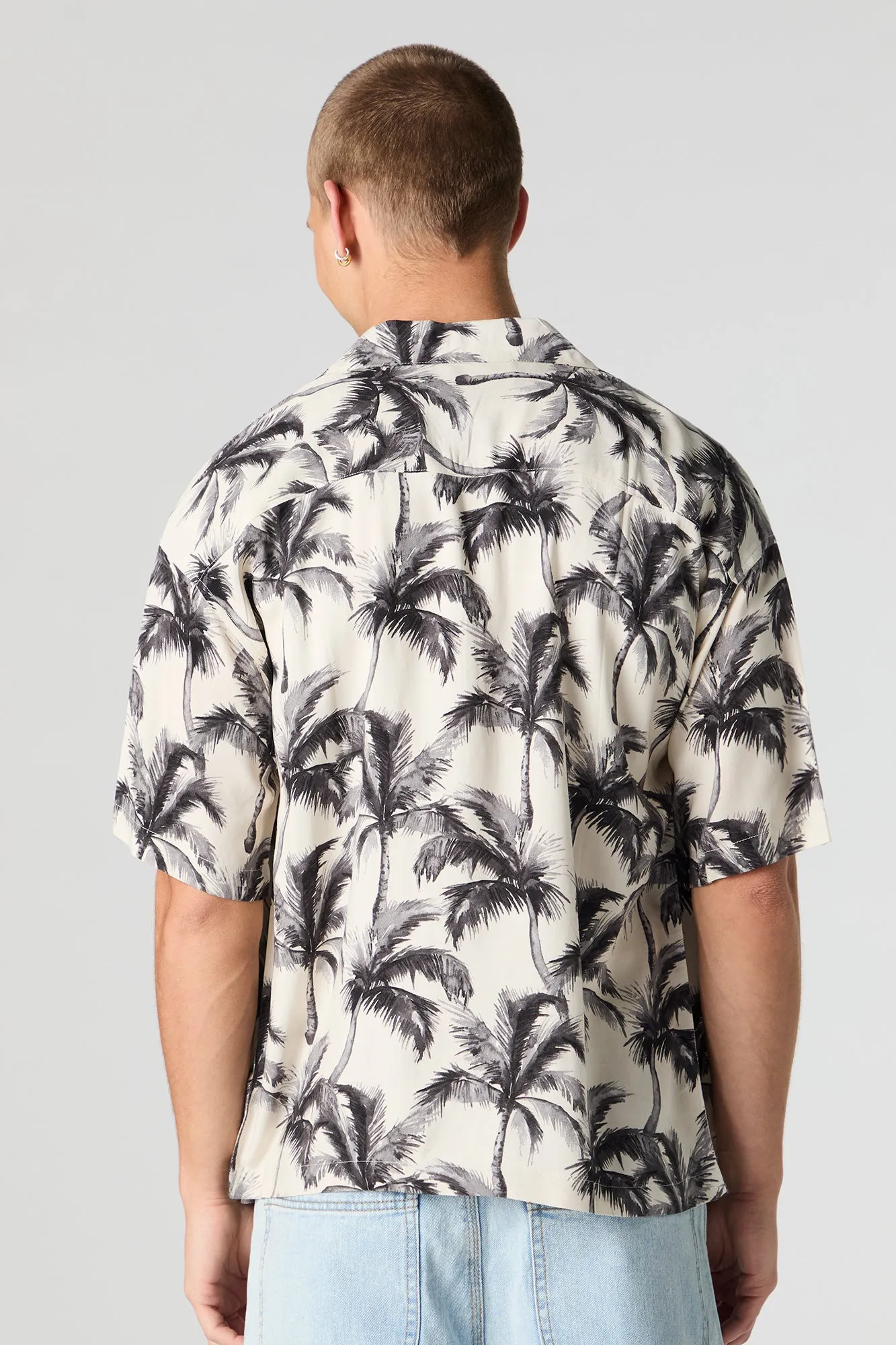 Tropical Print Short Sleeve Button-Up Top