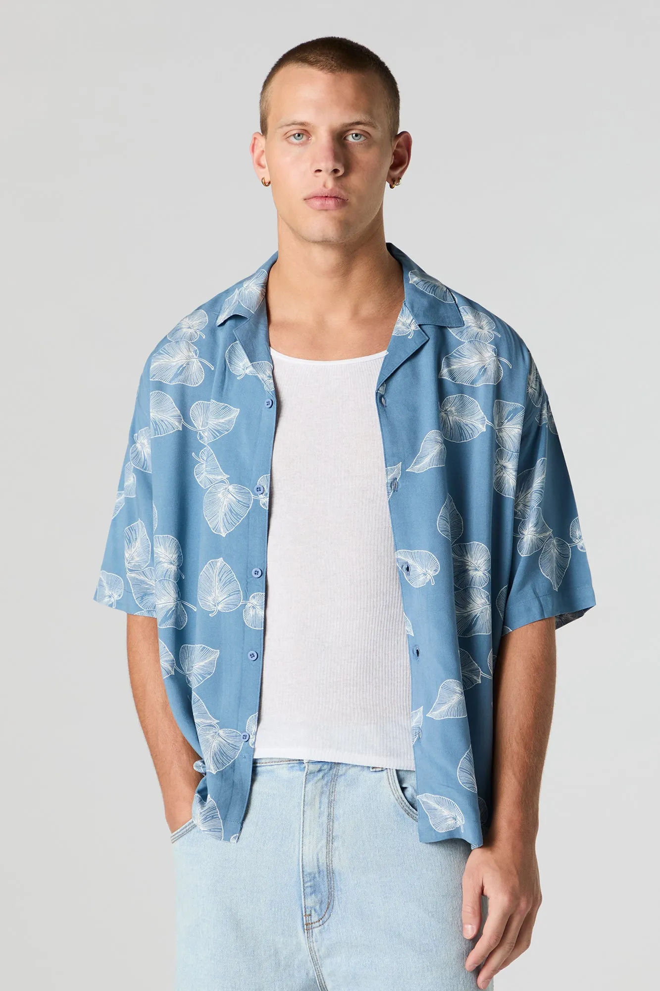 Tropical Print Short Sleeve Button-Up Top