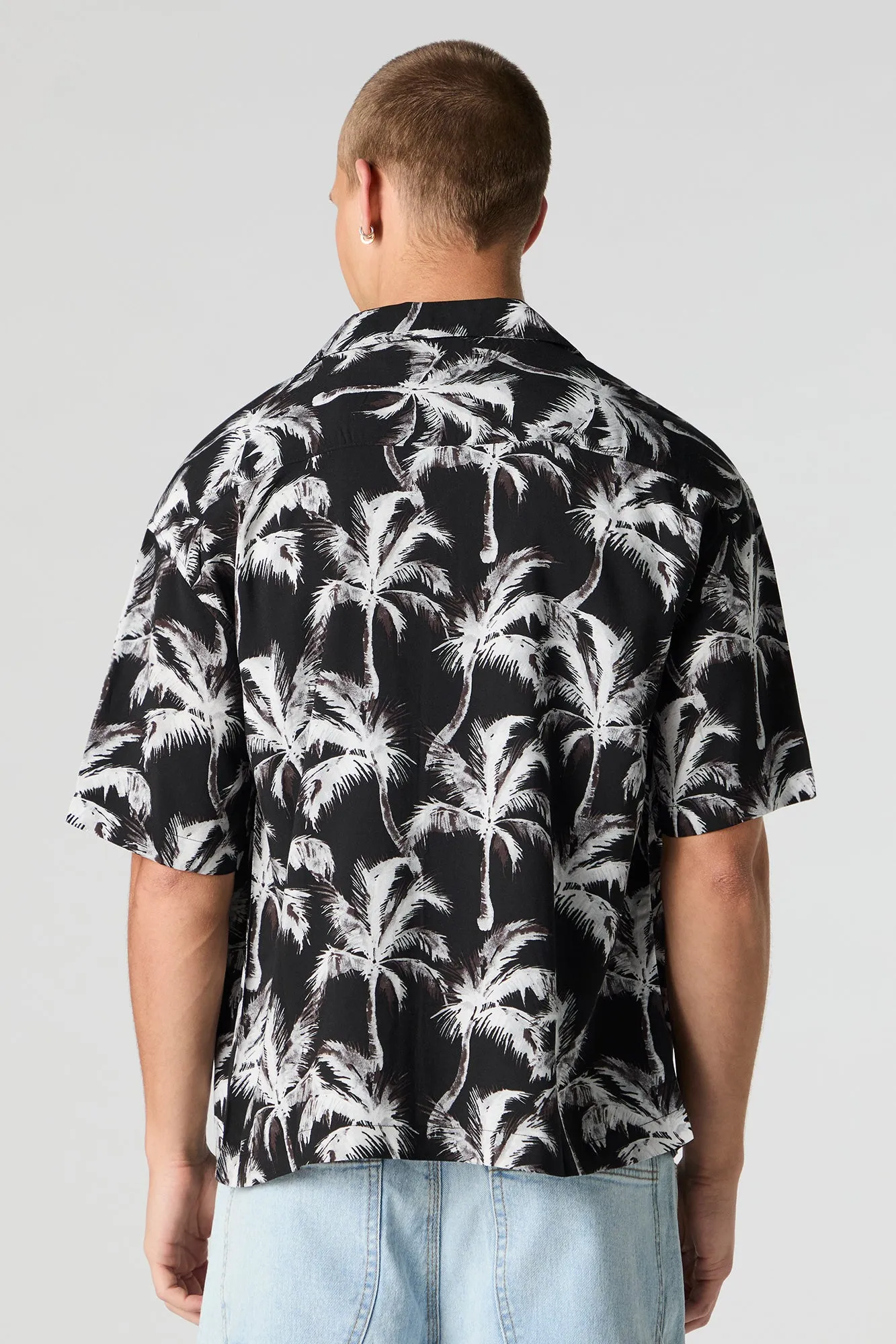 Tropical Print Short Sleeve Button-Up Top