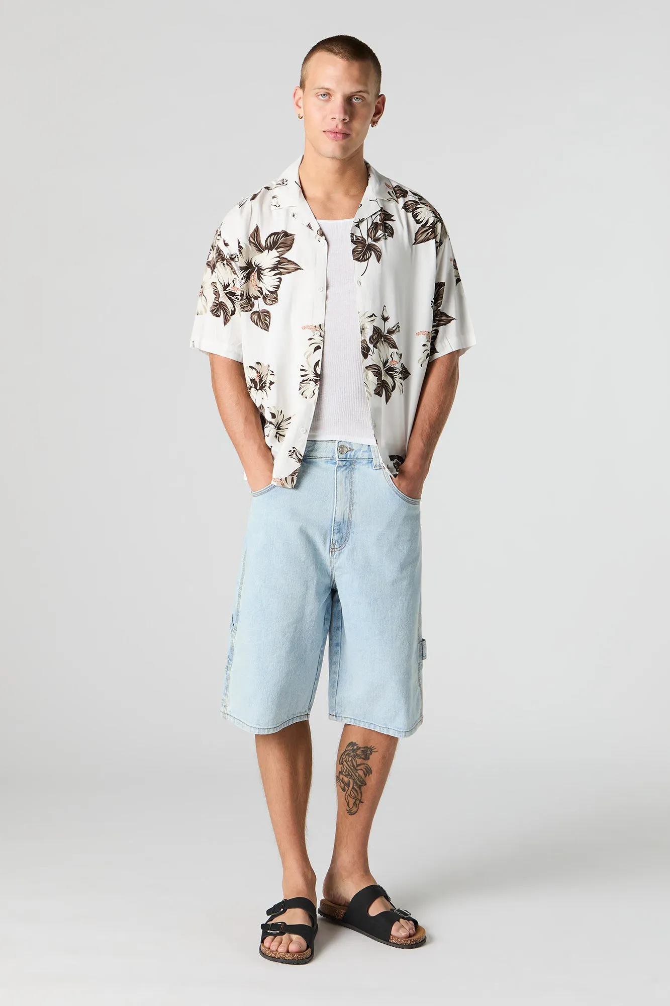 Tropical Print Short Sleeve Button-Up Top