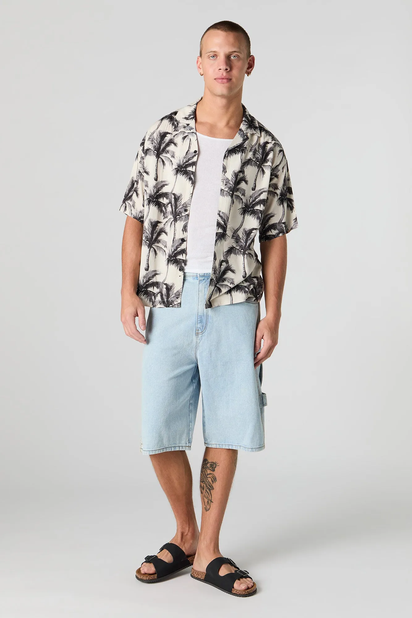 Tropical Print Short Sleeve Button-Up Top