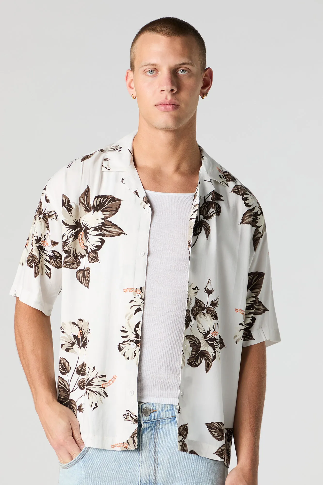 Tropical Print Short Sleeve Button-Up Top