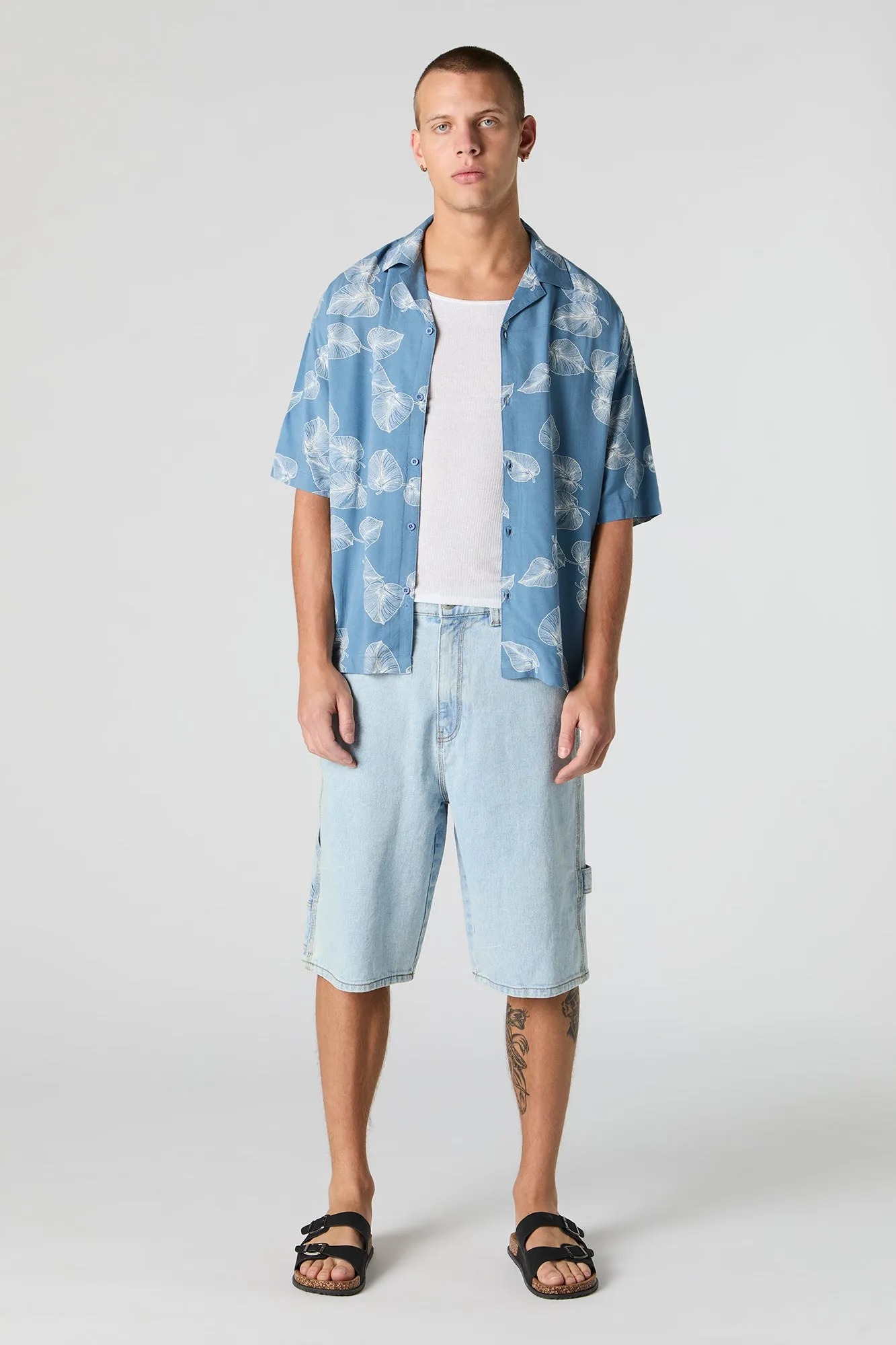 Tropical Print Short Sleeve Button-Up Top