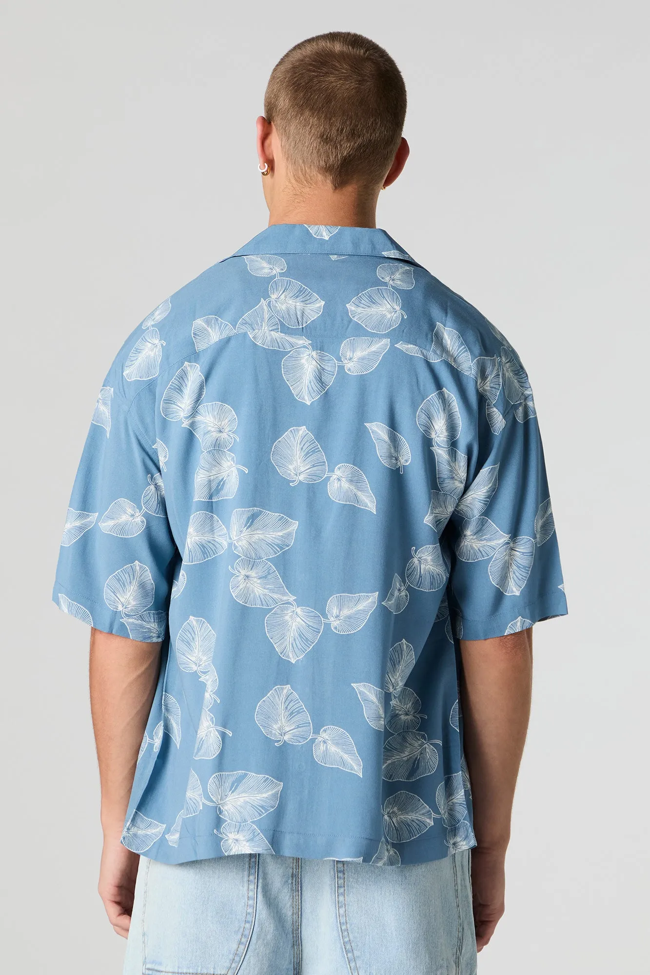 Tropical Print Short Sleeve Button-Up Top