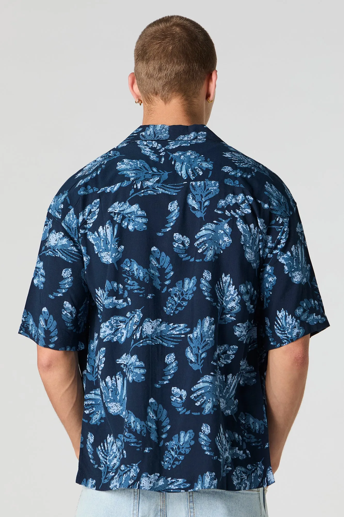 Tropical Print Short Sleeve Button-Up Top