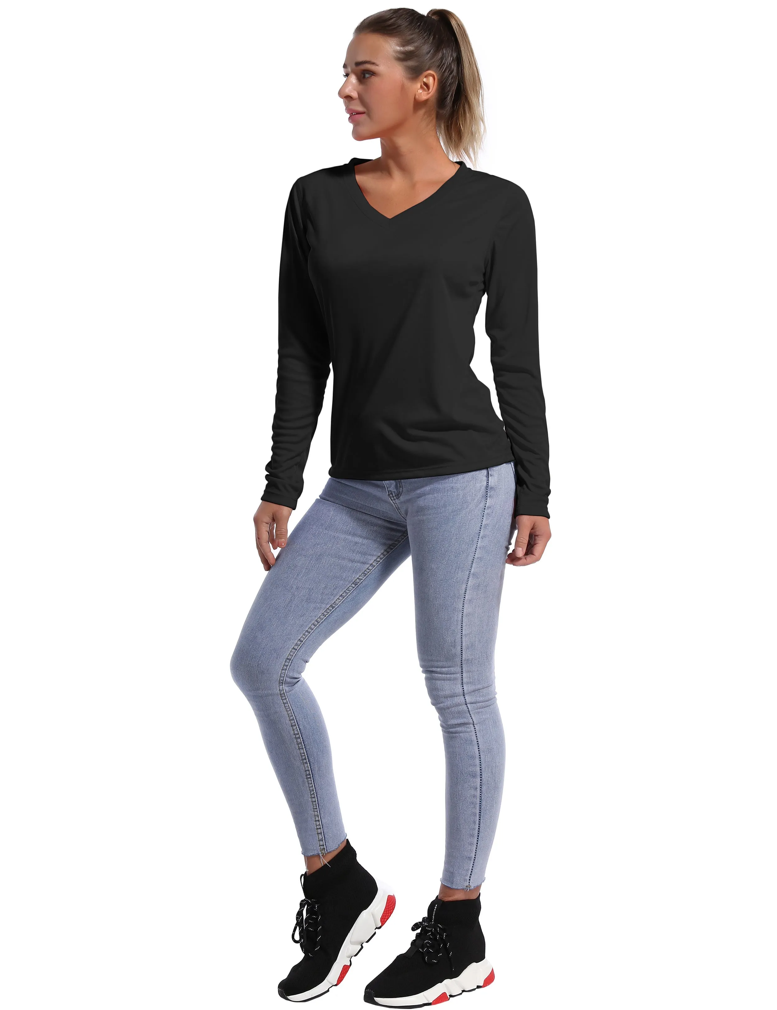 V Neck Long Sleeve Athletic Shirts black_Running