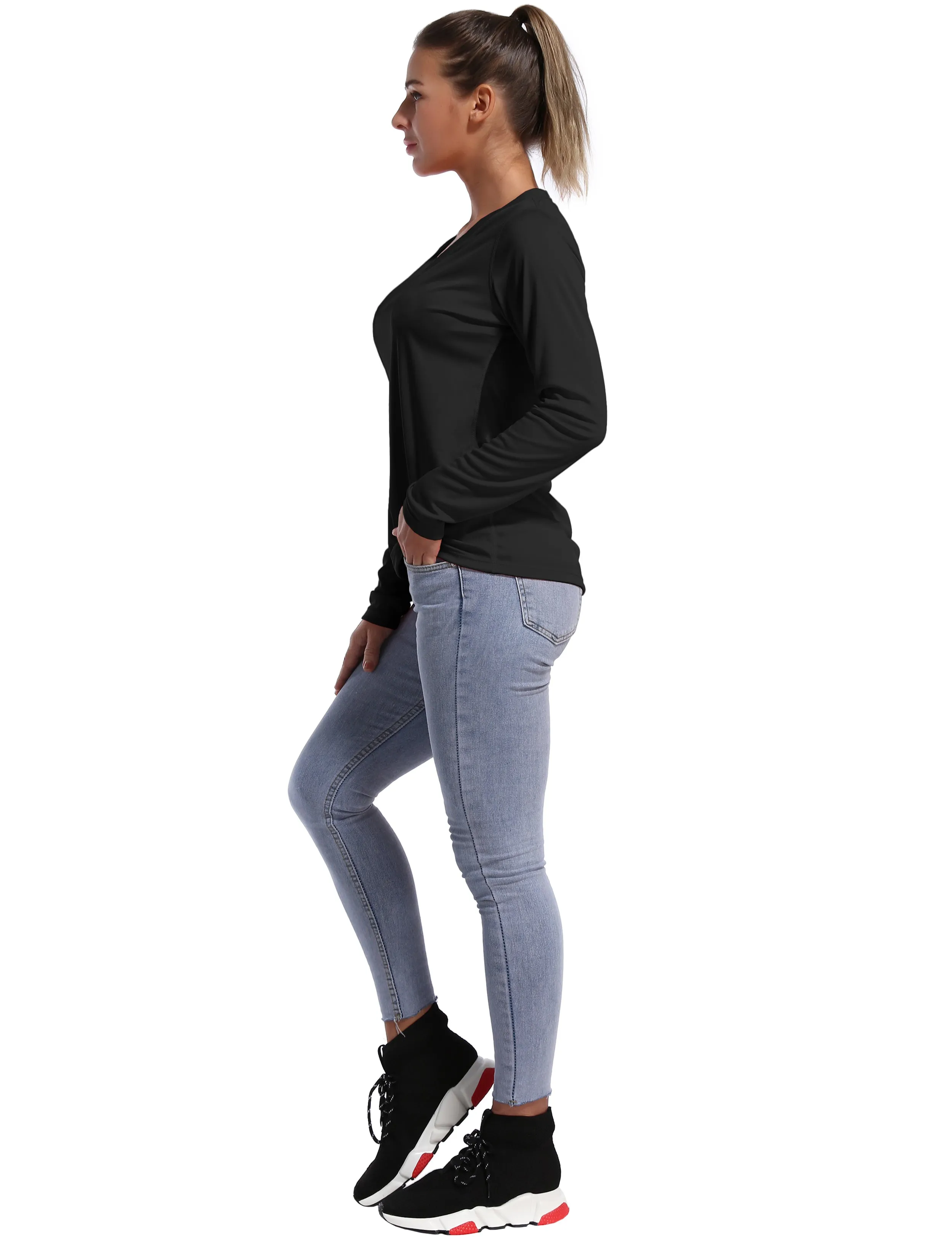 V Neck Long Sleeve Athletic Shirts black_Running