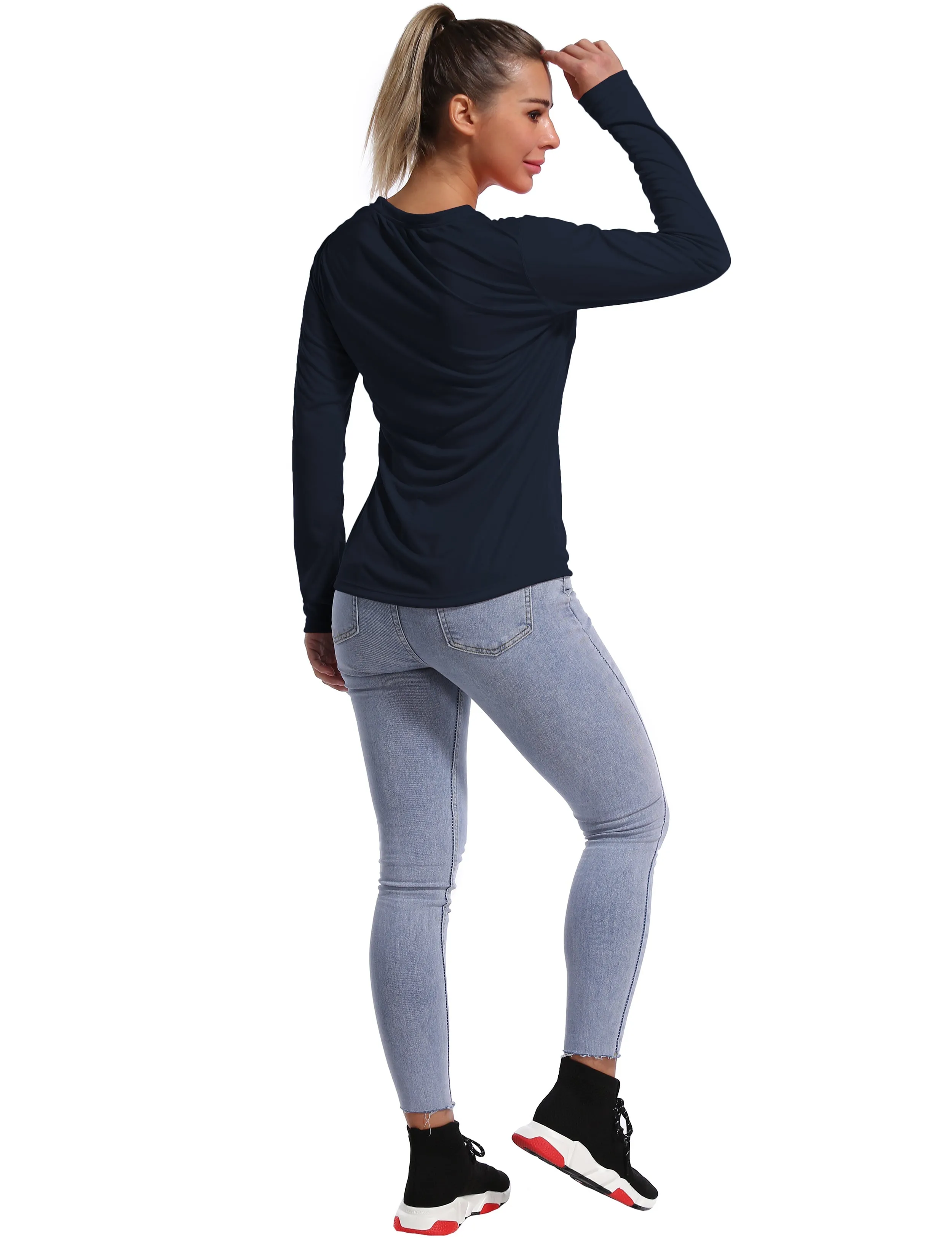 V Neck Long Sleeve Athletic Shirts darknavy_Jogging