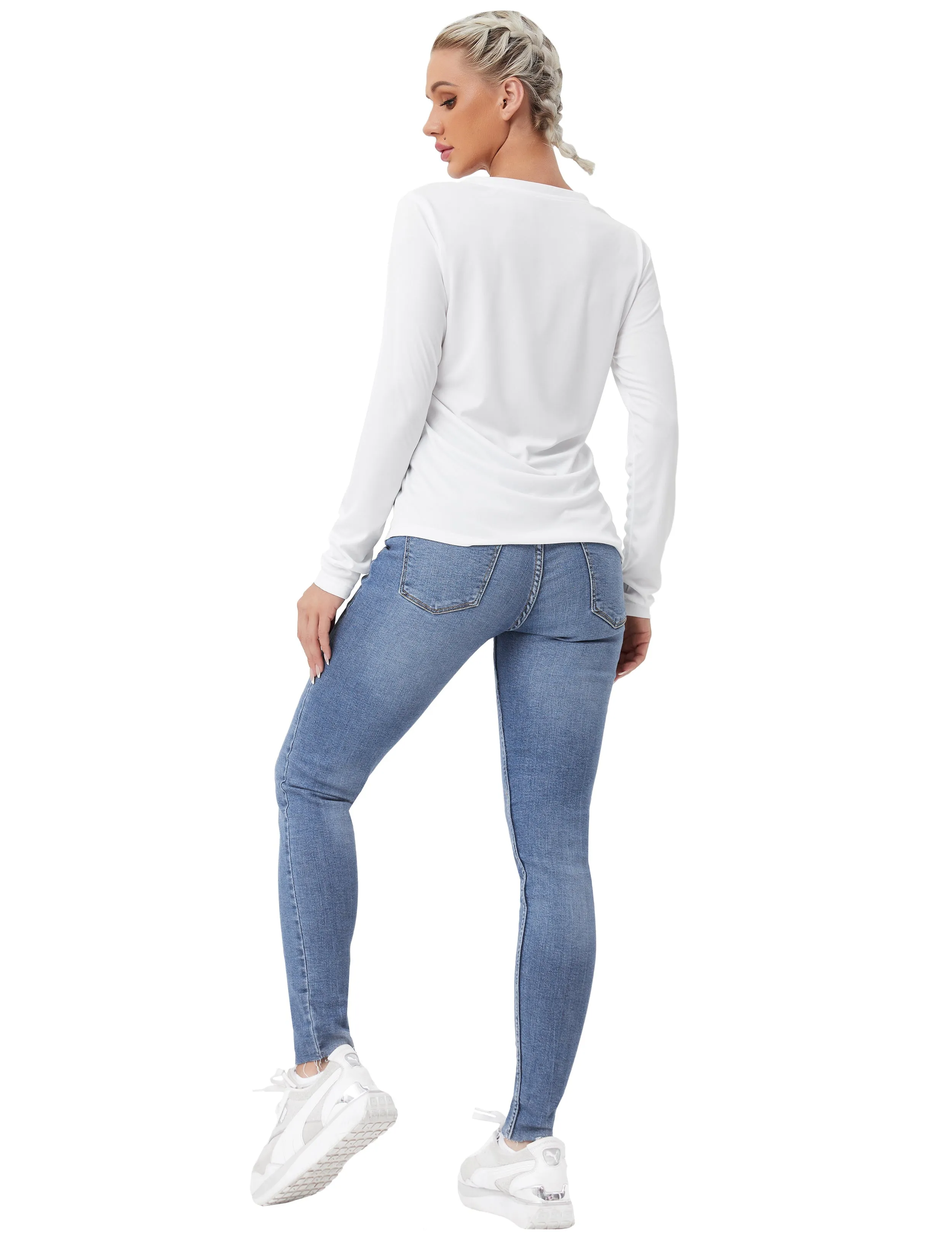 V Neck Long Sleeve Athletic Shirts white_yoga