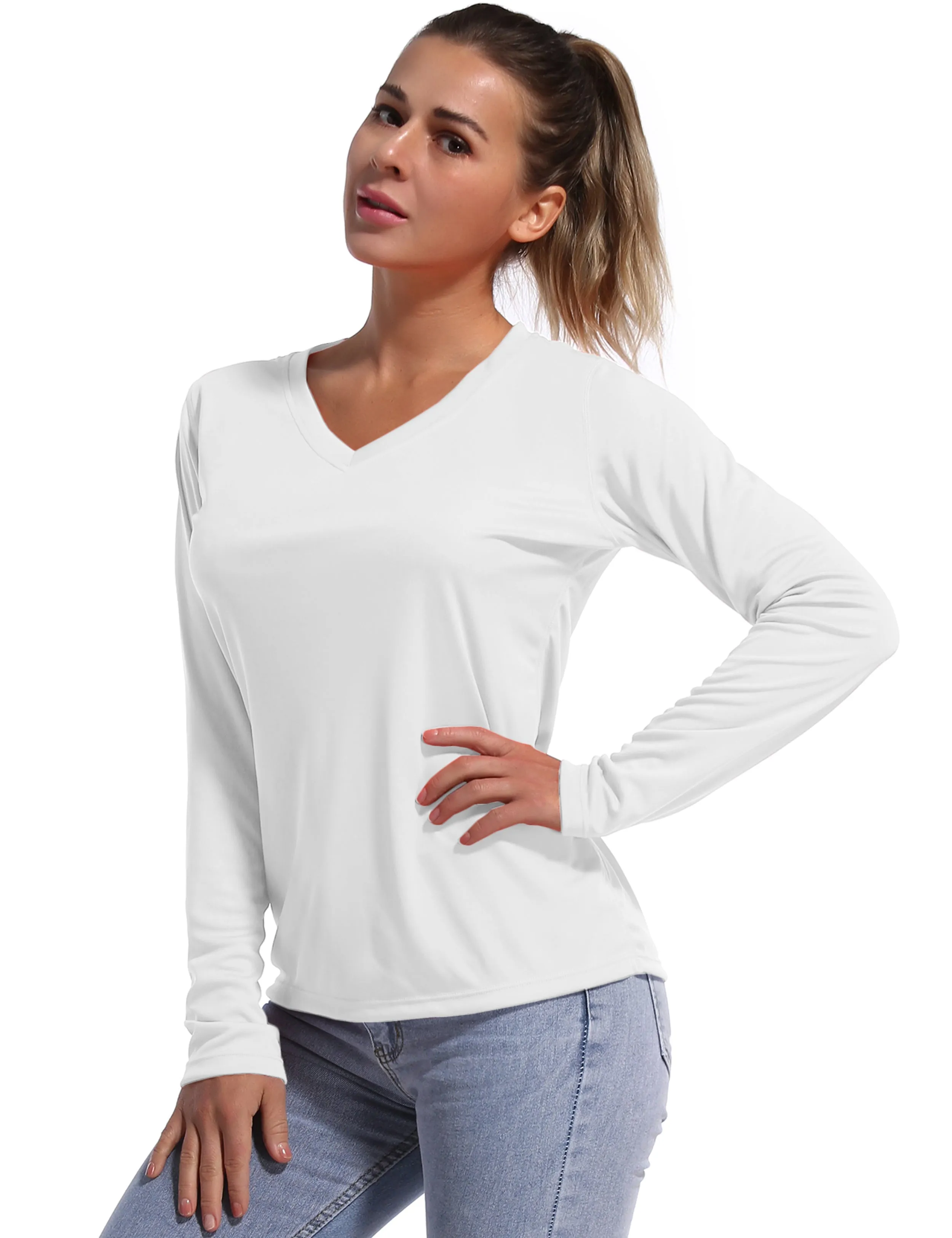 V Neck Long Sleeve Athletic Shirts white_yoga