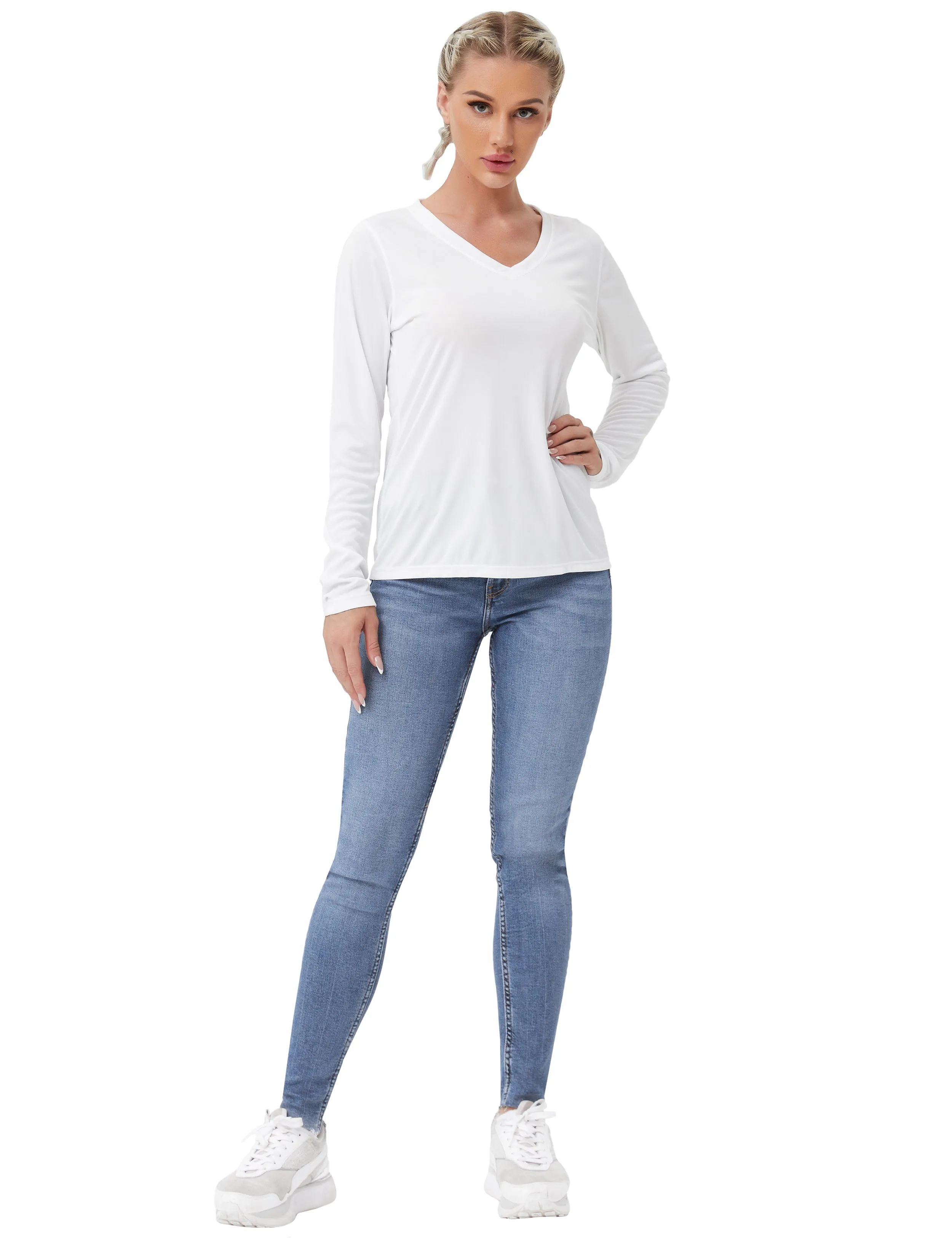 V Neck Long Sleeve Athletic Shirts white_yoga