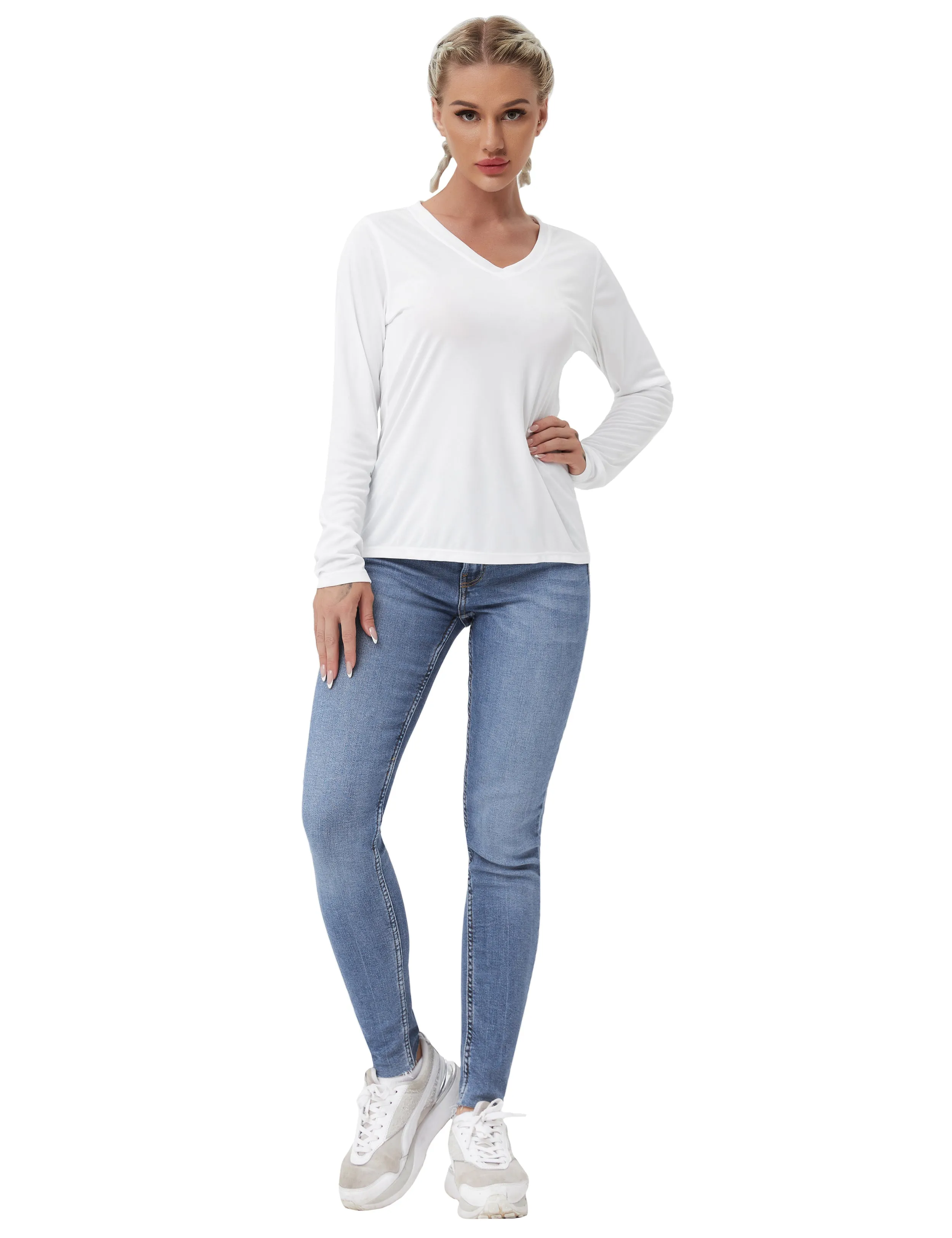 V Neck Long Sleeve Athletic Shirts white_yoga