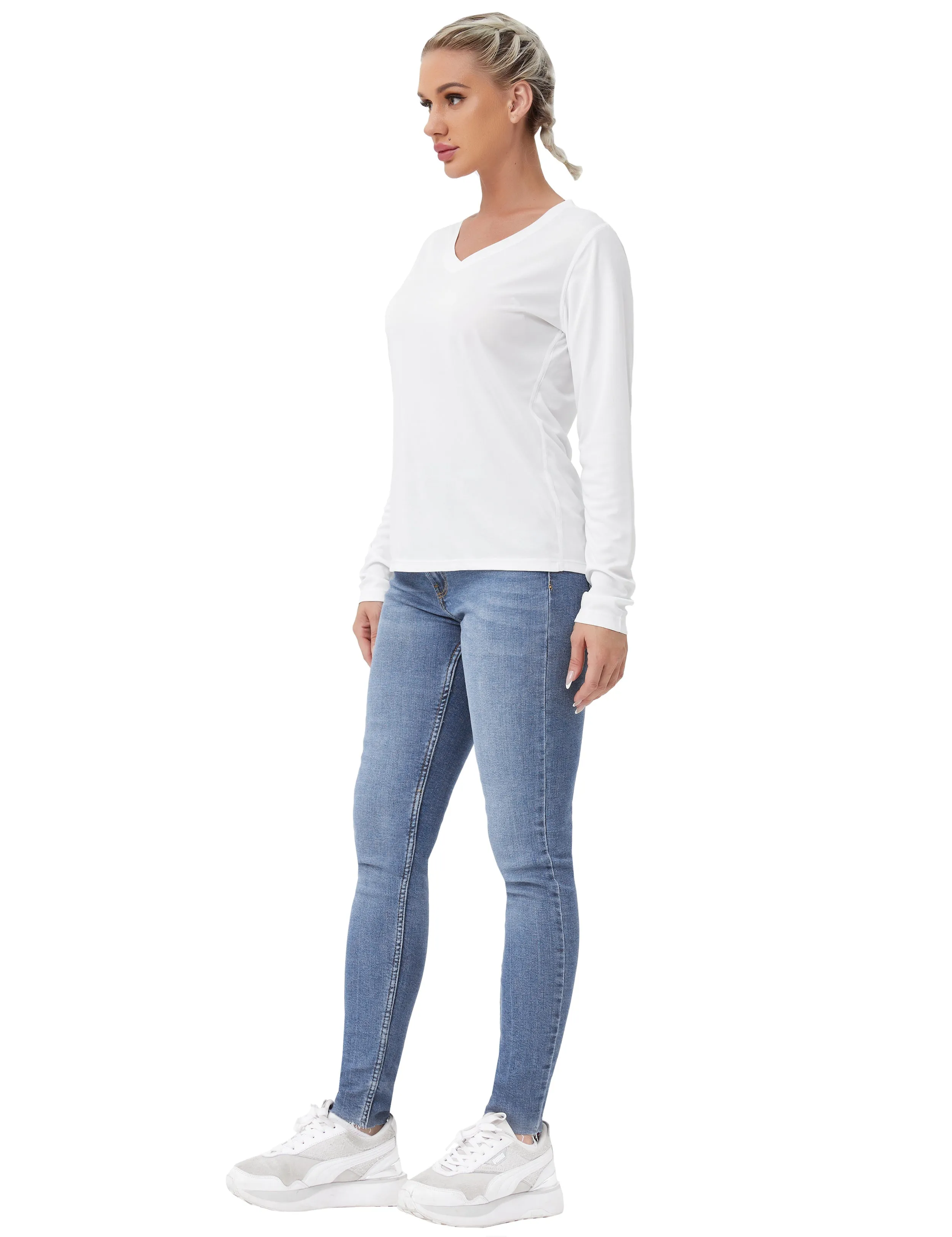 V Neck Long Sleeve Athletic Shirts white_yoga