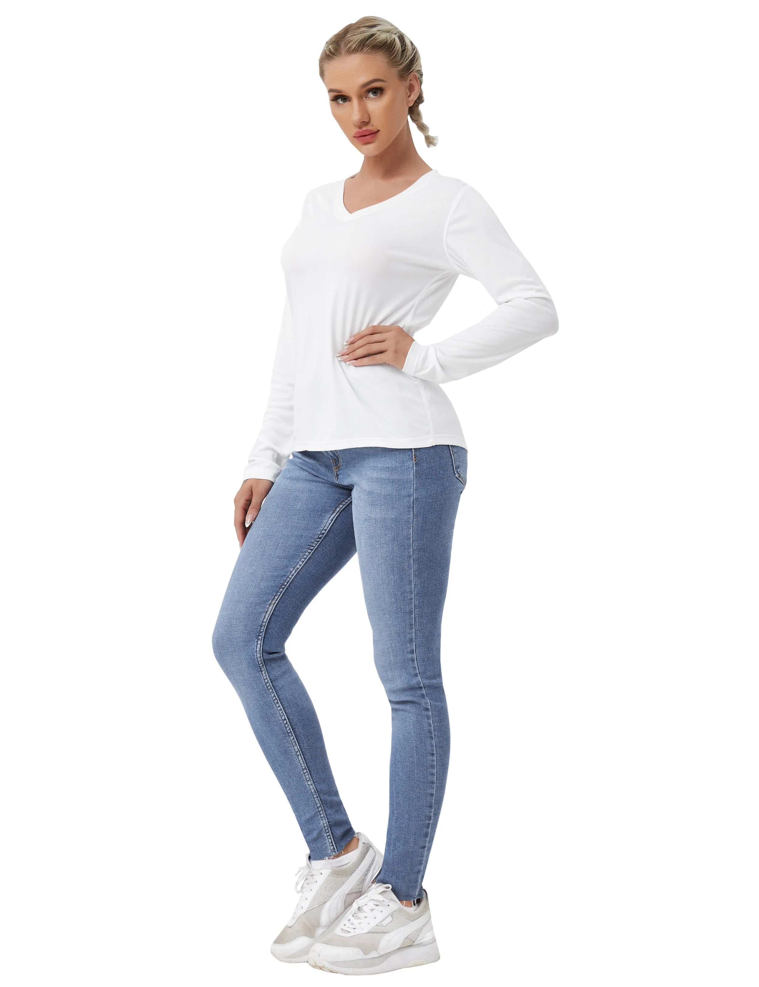 V Neck Long Sleeve Athletic Shirts white_yoga