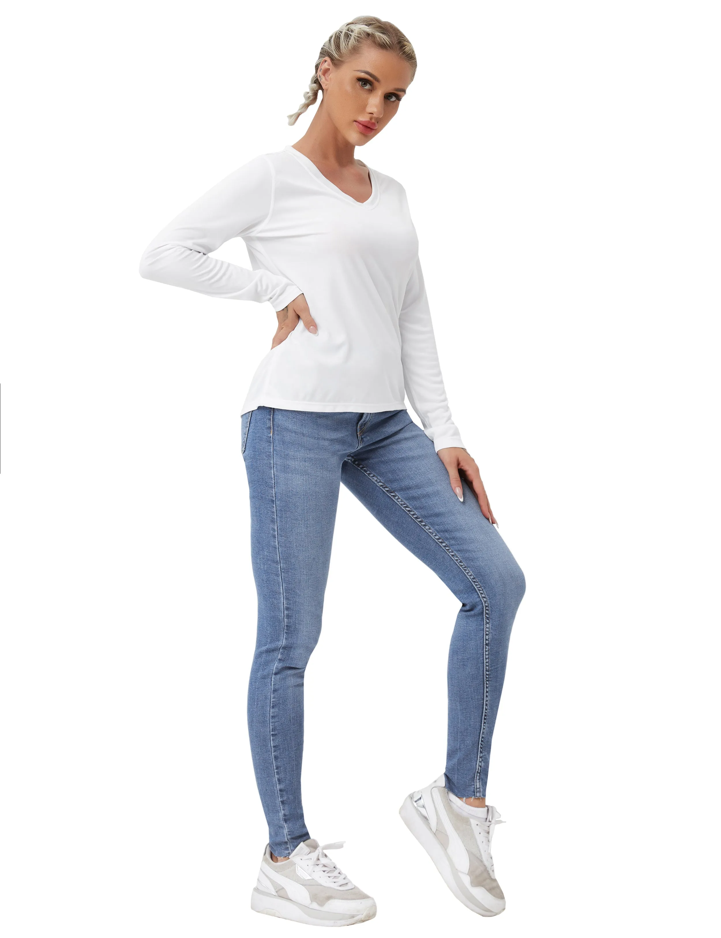 V Neck Long Sleeve Athletic Shirts white_yoga